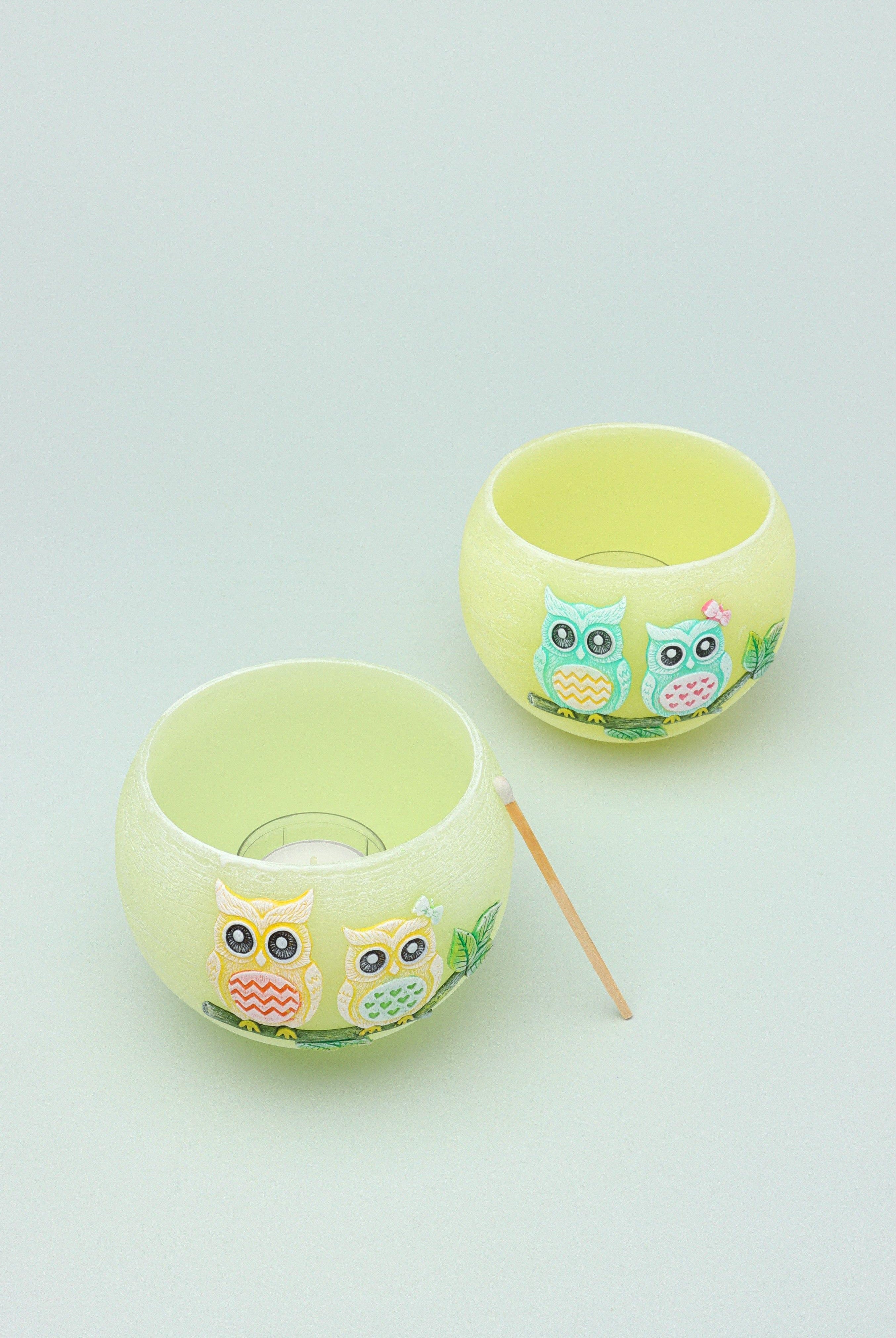 Handmade Hootique Owl Couple Tealight Holder Yellow & Green Owls in Chubby Cuteness - G Decor
