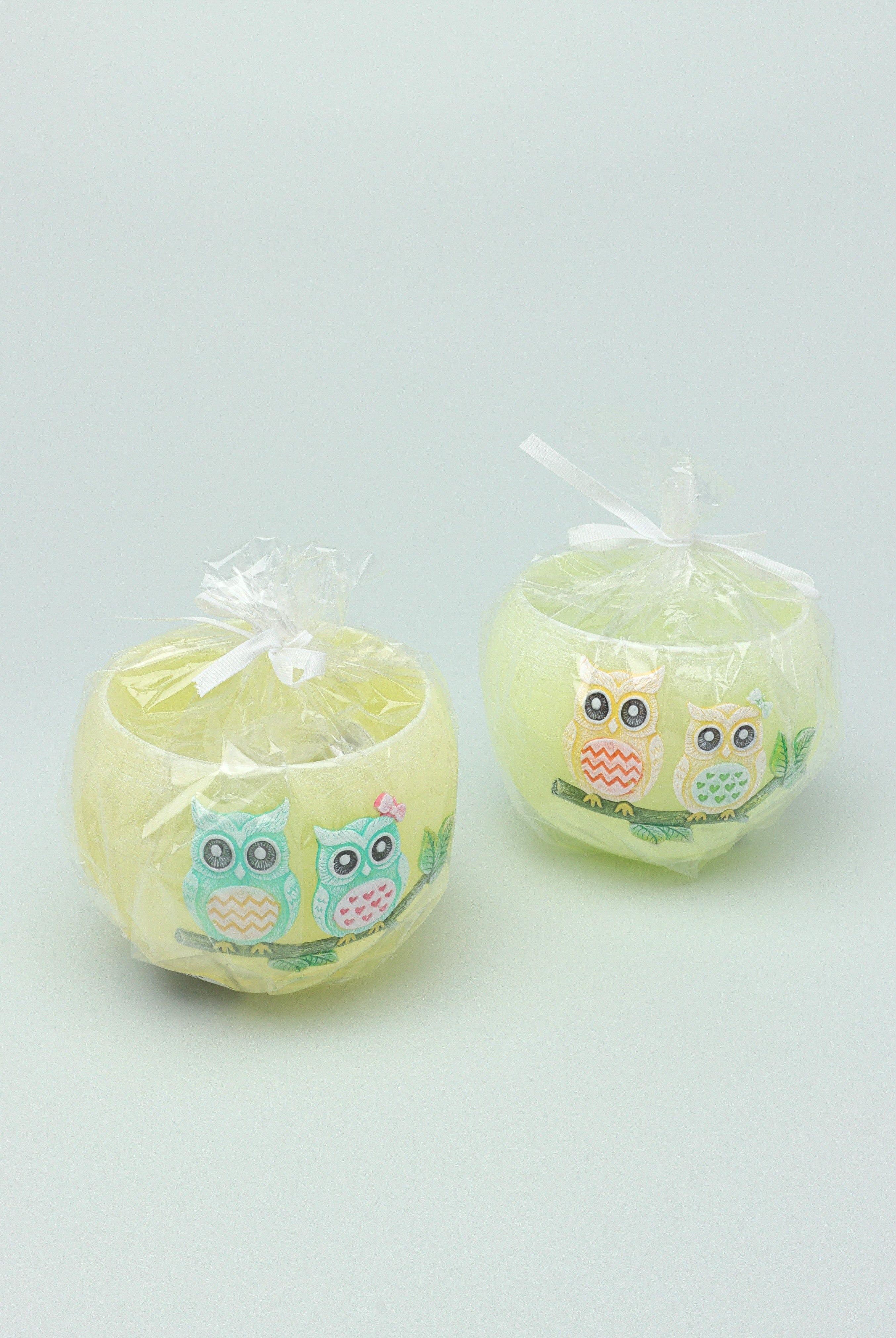 Handmade Hootique Owl Couple Tealight Holder Yellow & Green Owls in Chubby Cuteness - G Decor