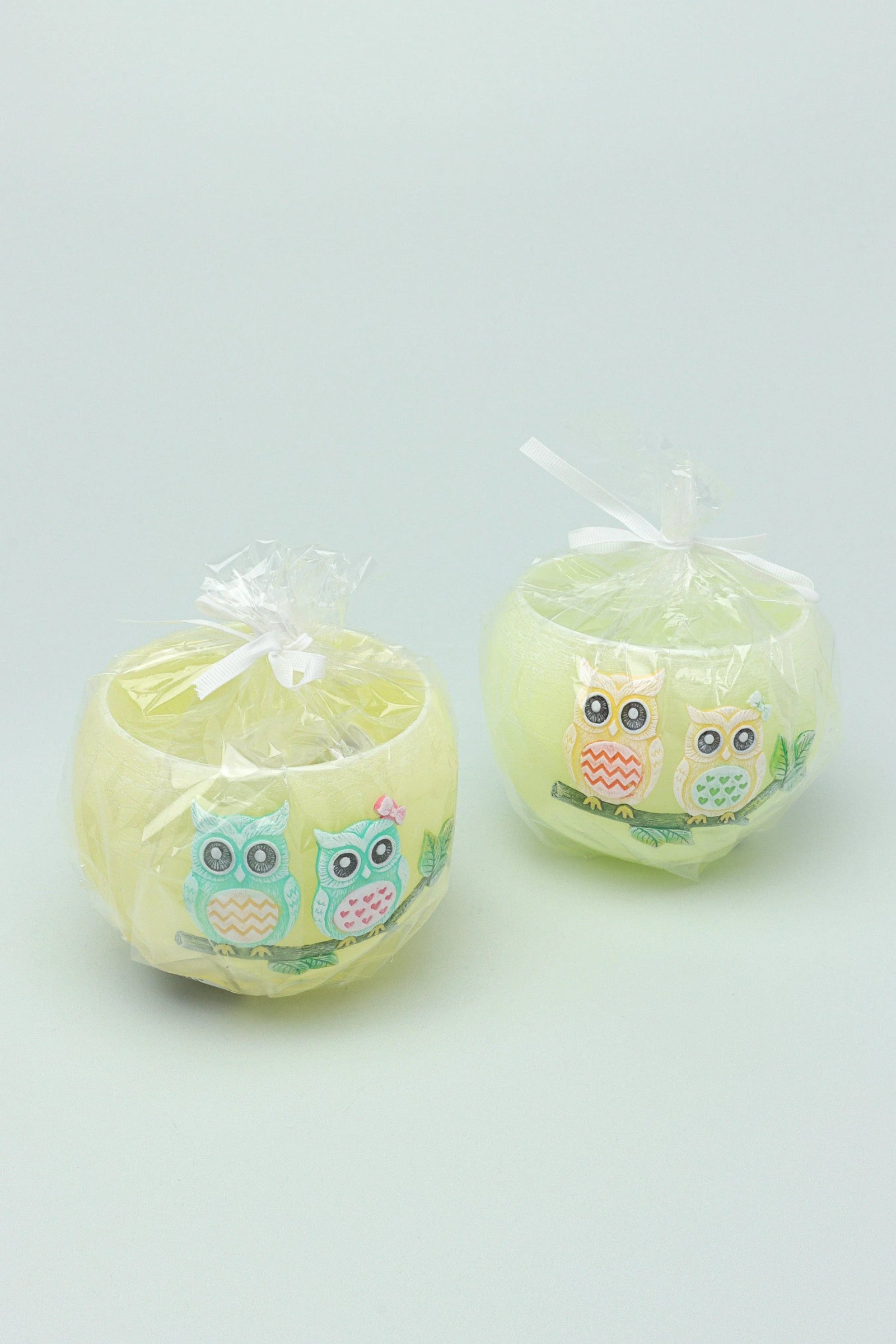 Hootique Owl Couple Tealight Holder in Yellow and Green — alternate view, G Decor