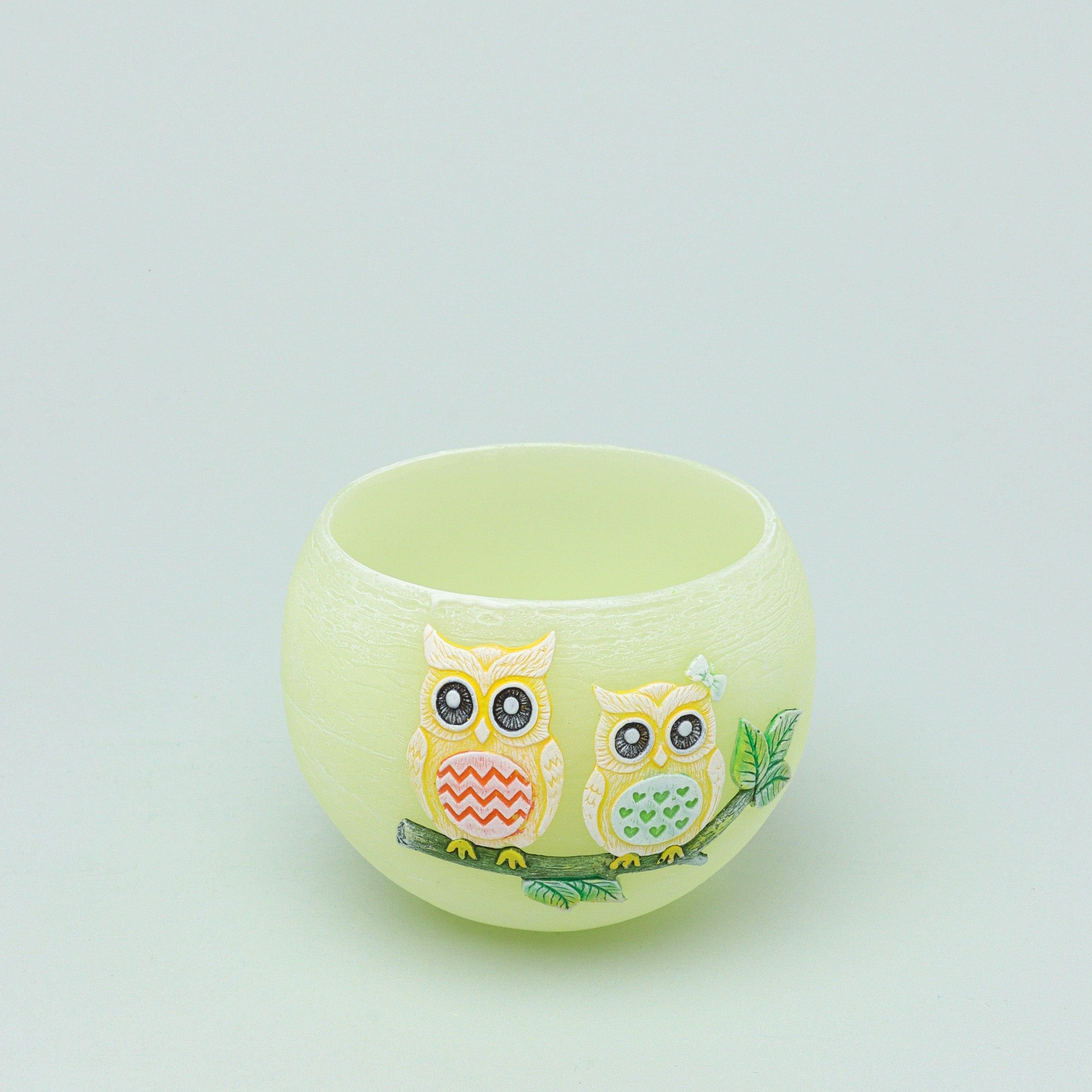 Handmade Hootique Owl Couple Tealight Holder Yellow & Green Owls in Chubby Cuteness - G Decor