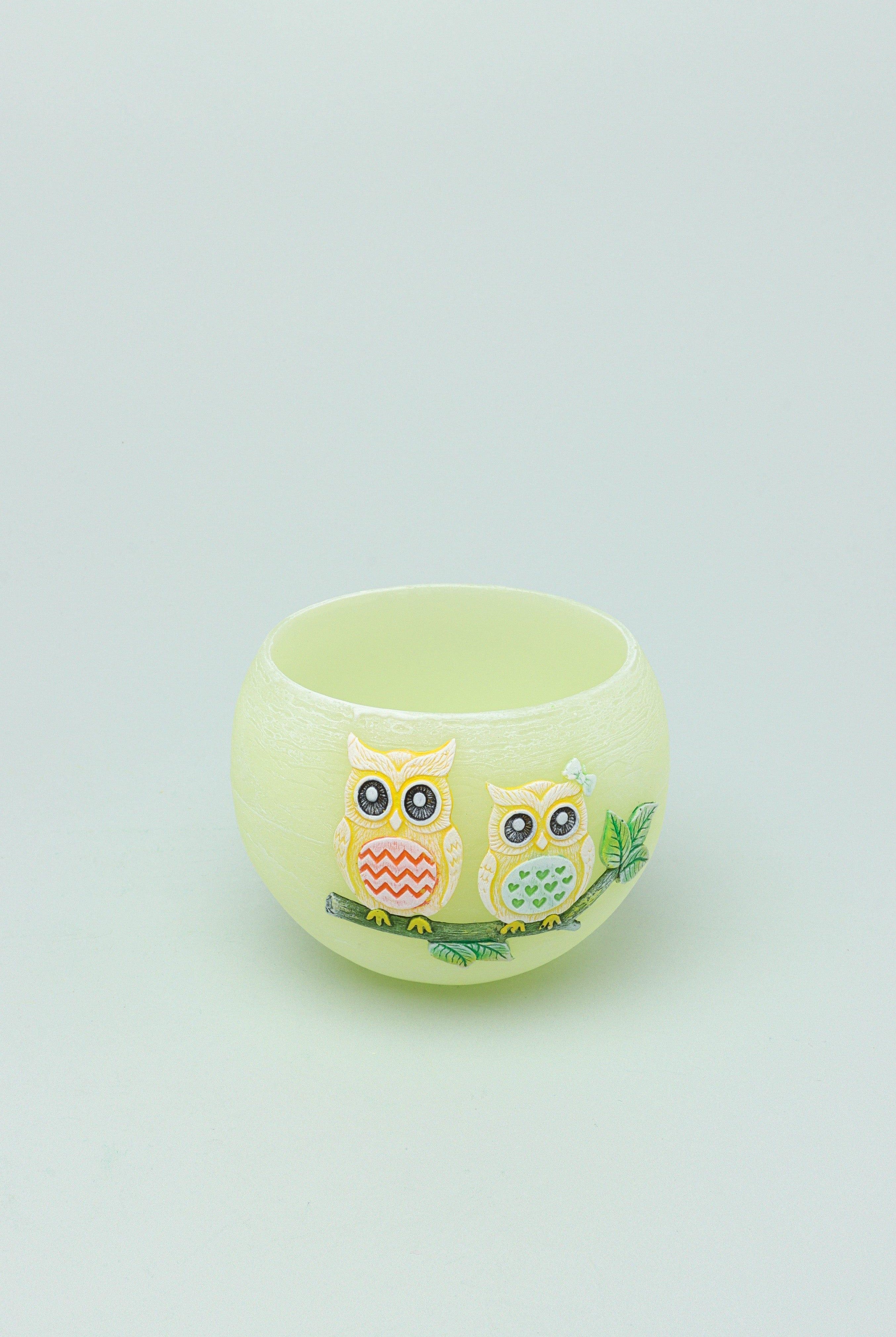 Handmade Hootique Owl Couple Tealight Holder Yellow & Green Owls in Chubby Cuteness - G Decor