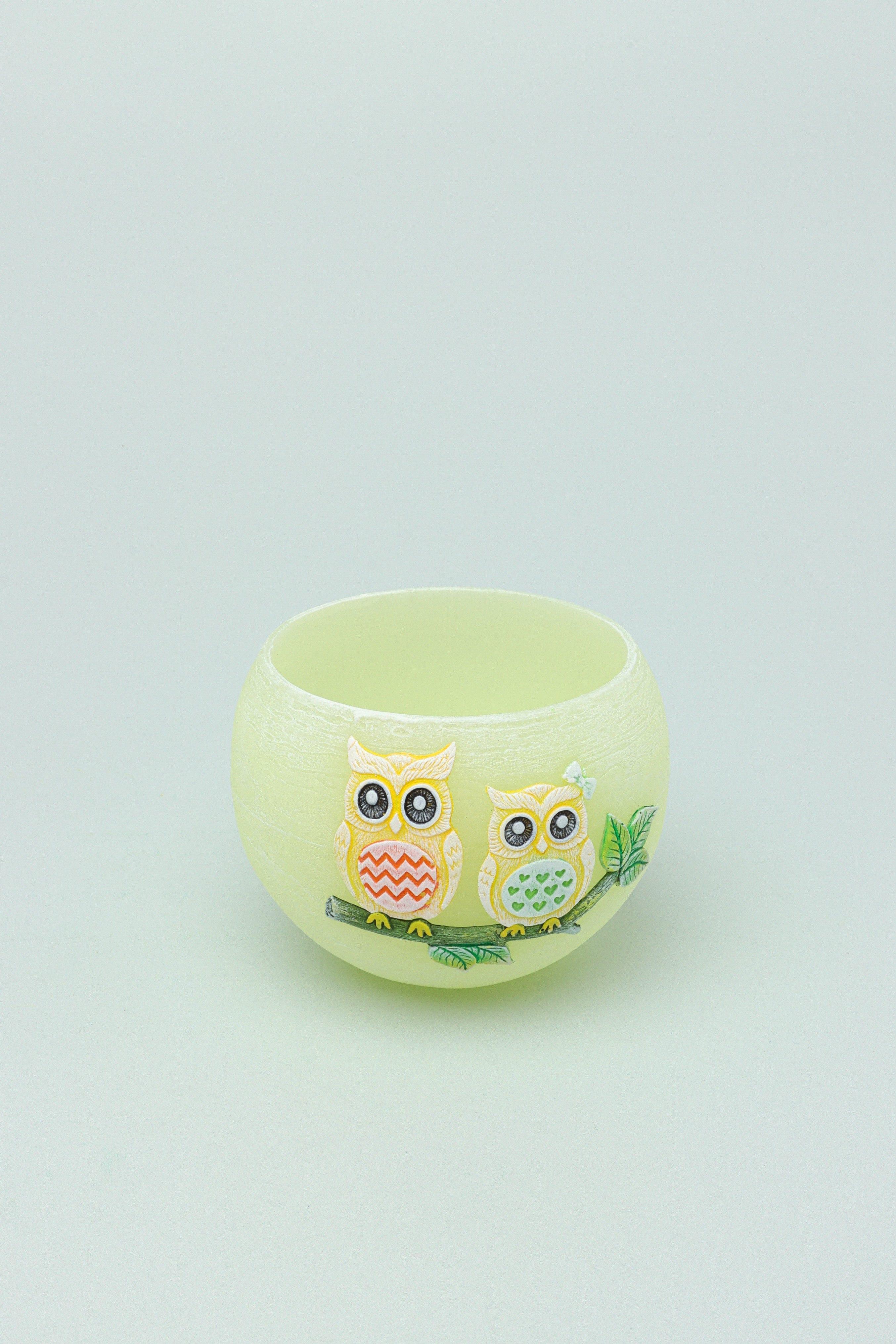 Handmade Hootique Owl Couple Tealight Holder Yellow & Green Owls in Chubby Cuteness - G Decor