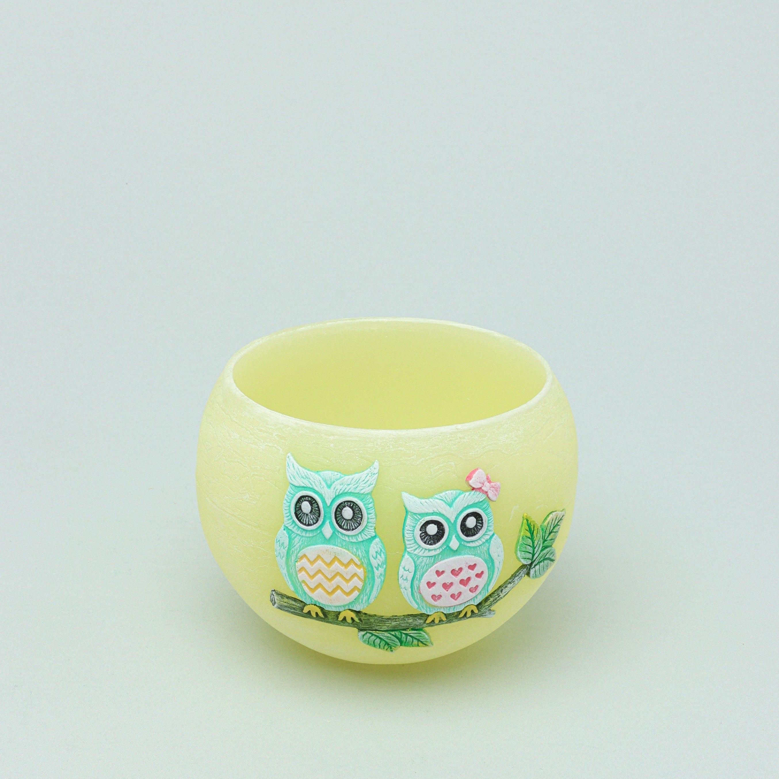 Handmade Hootique Owl Couple Tealight Holder Yellow & Green Owls in Chubby Cuteness - G Decor