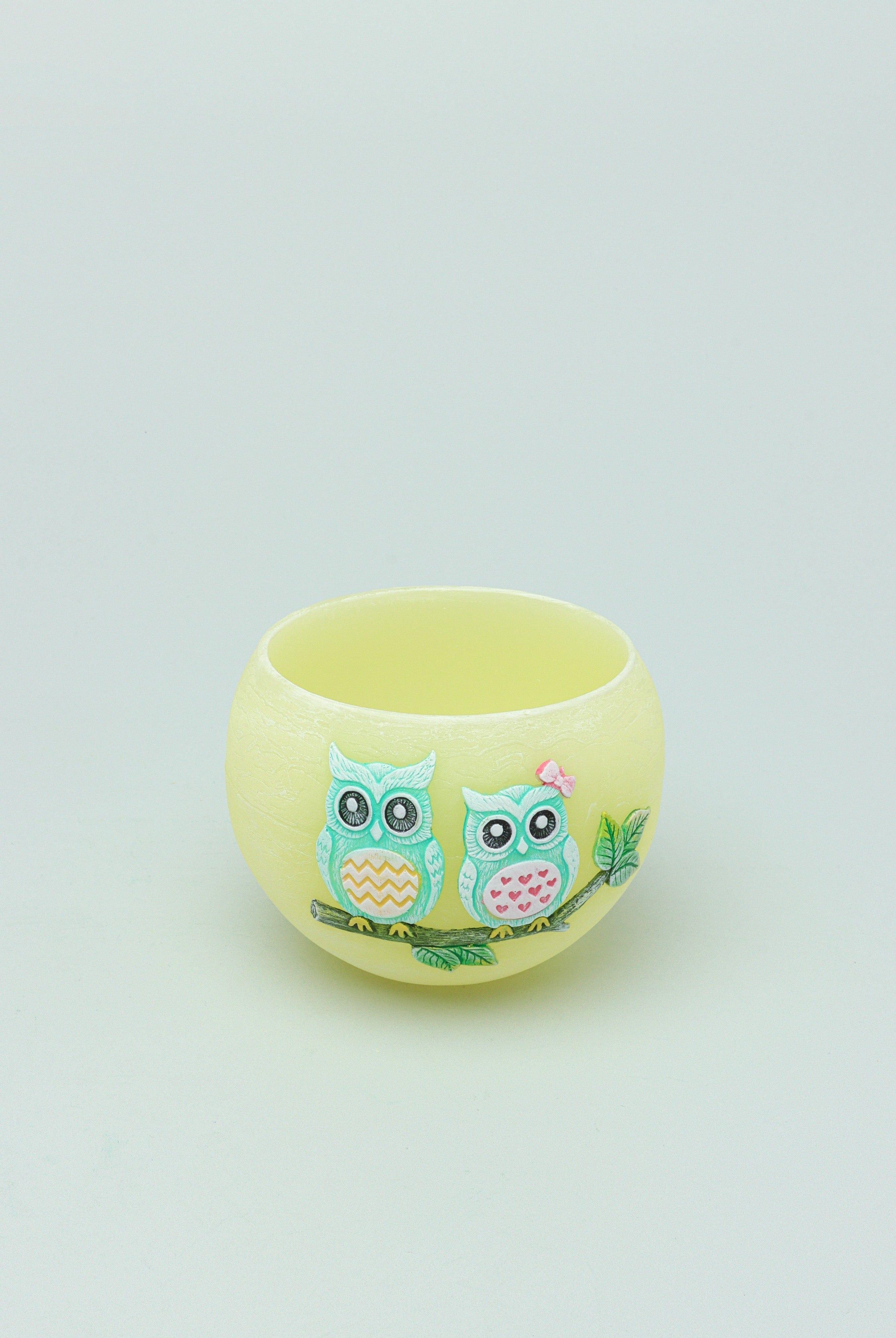 Handmade Hootique Owl Couple Tealight Holder Yellow & Green Owls in Chubby Cuteness - G Decor