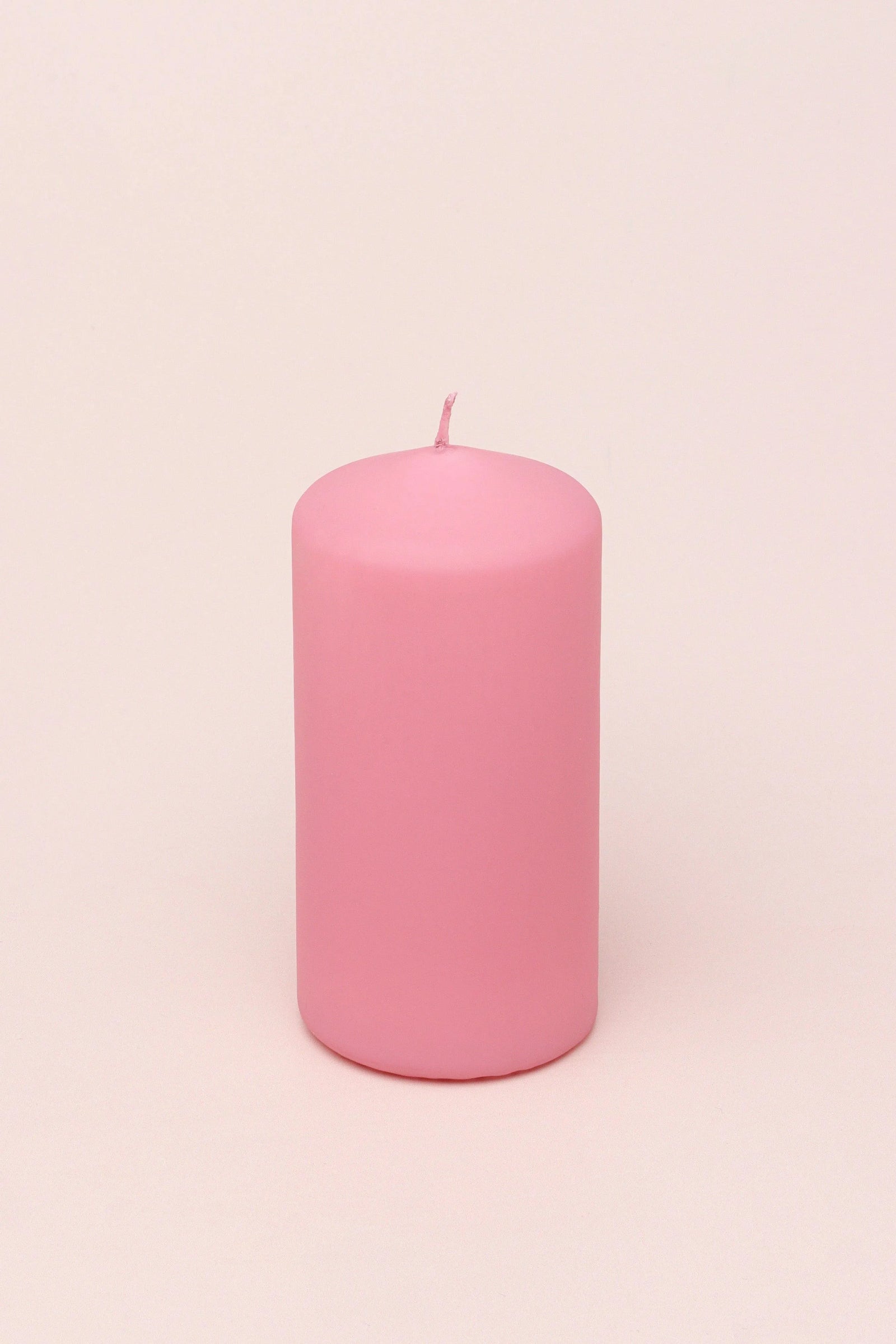 Henry Velvet Matte Soft Touch Pillar Candle in Powder Pink — close-up view, G Decor