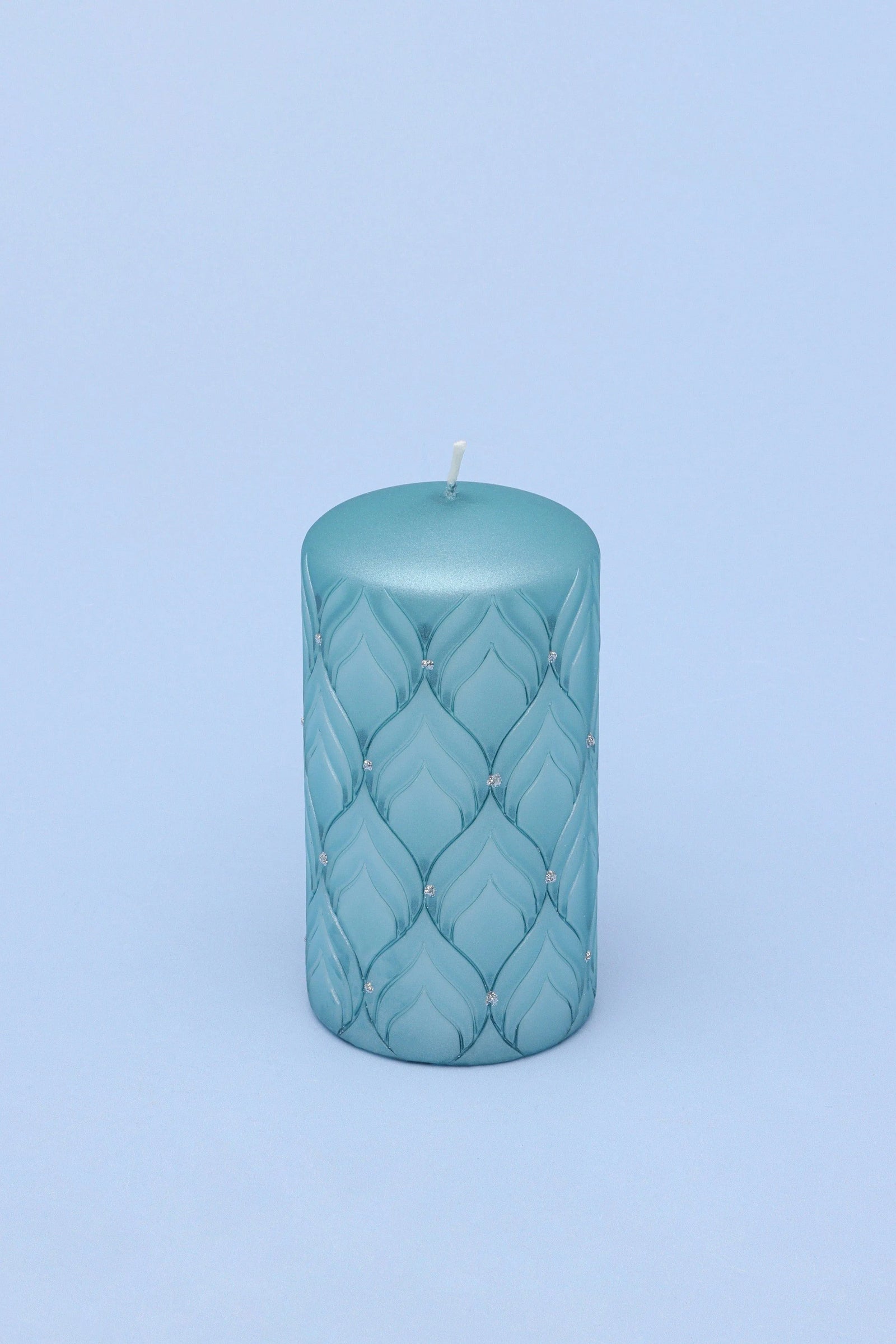 Frosted blue quartz pillar candle with hand-finished texture — alternate view, G Decor