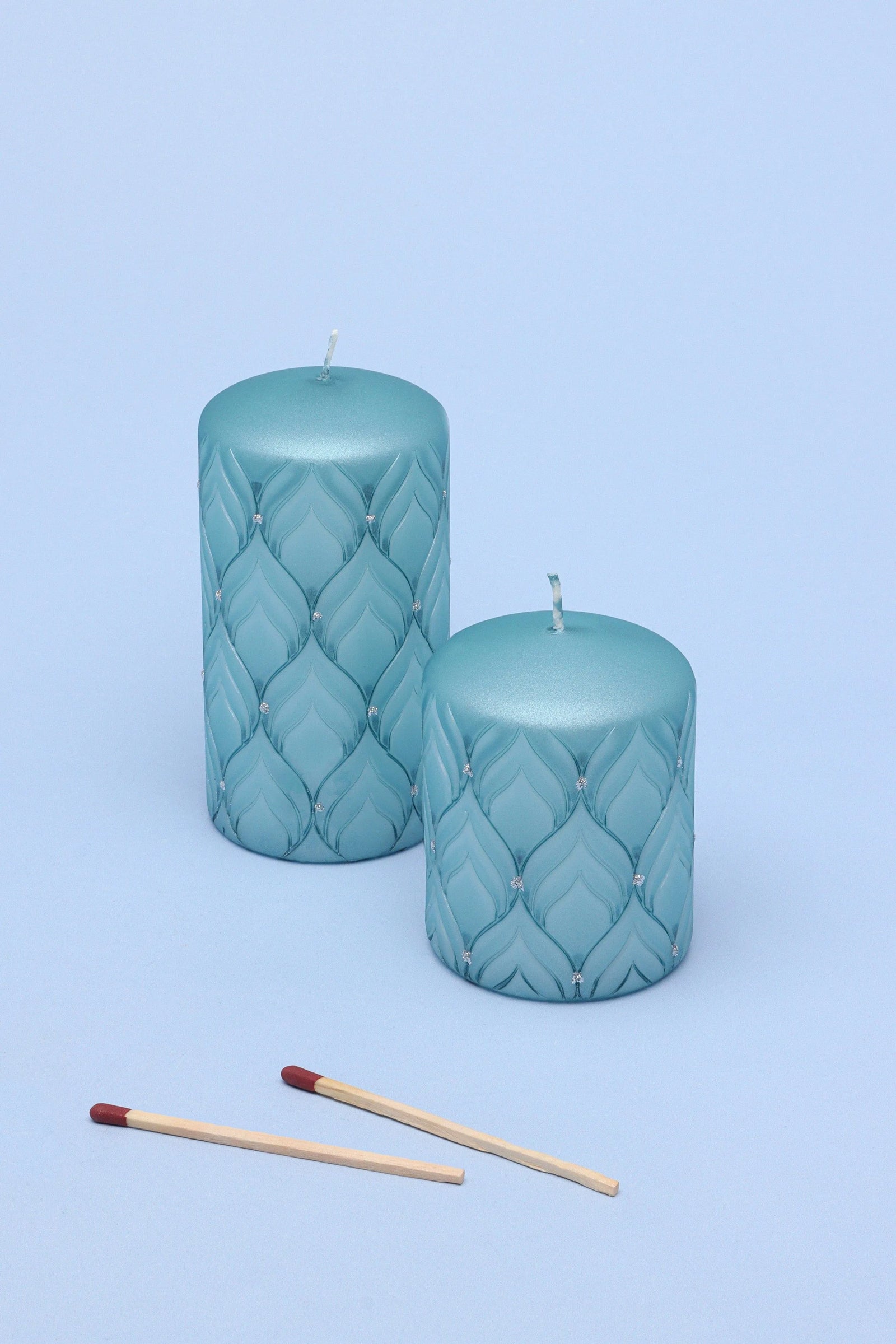 Jolene Petalure frosted blue quartz hand-finished pillar candle — G Decor