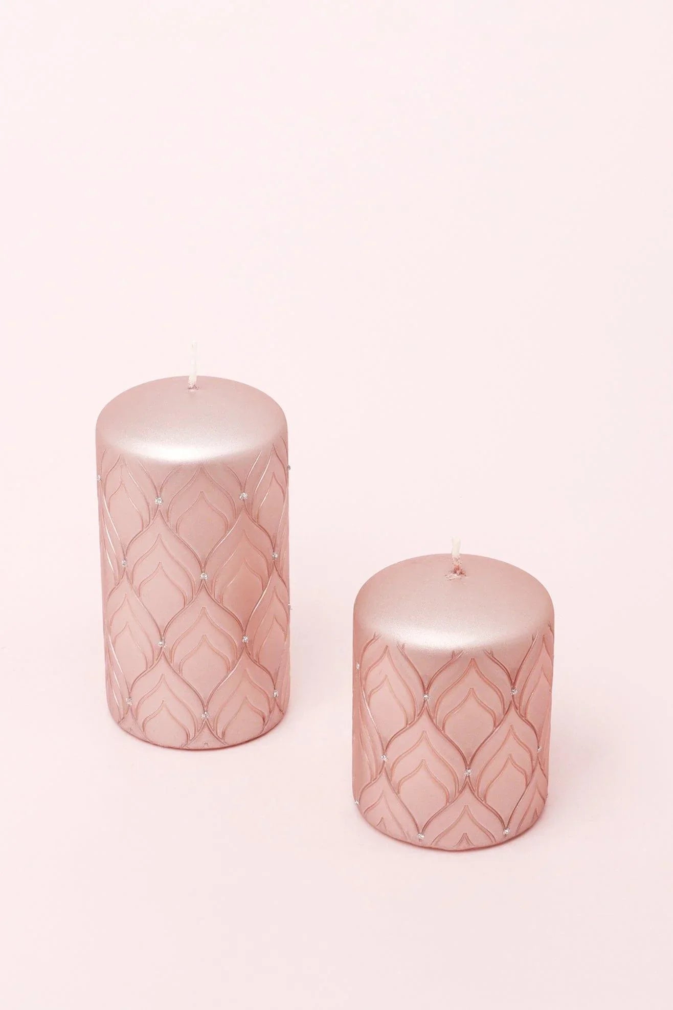 Jolene Petalure Rose Quartz Blush Pillar Candle — lifestyle view, G Decor