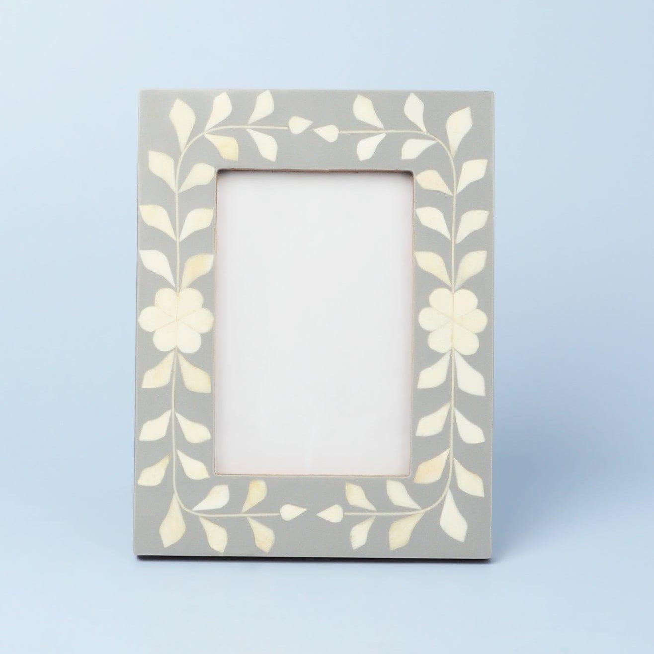 Jolie Handcrafted Grey Floral Bone Inlay Photo Frame Elegant Picture Display - G Decor