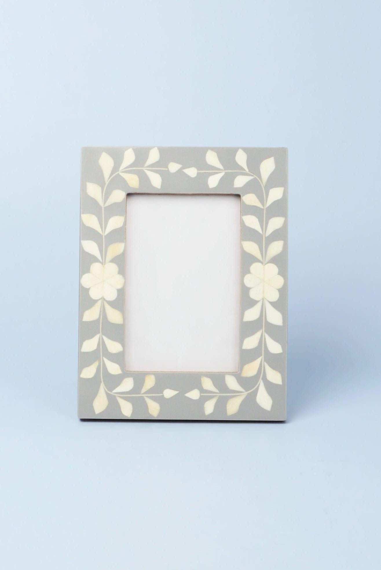 Jolie Handcrafted Grey Floral Bone Inlay Photo Frame Elegant Picture Display - G Decor