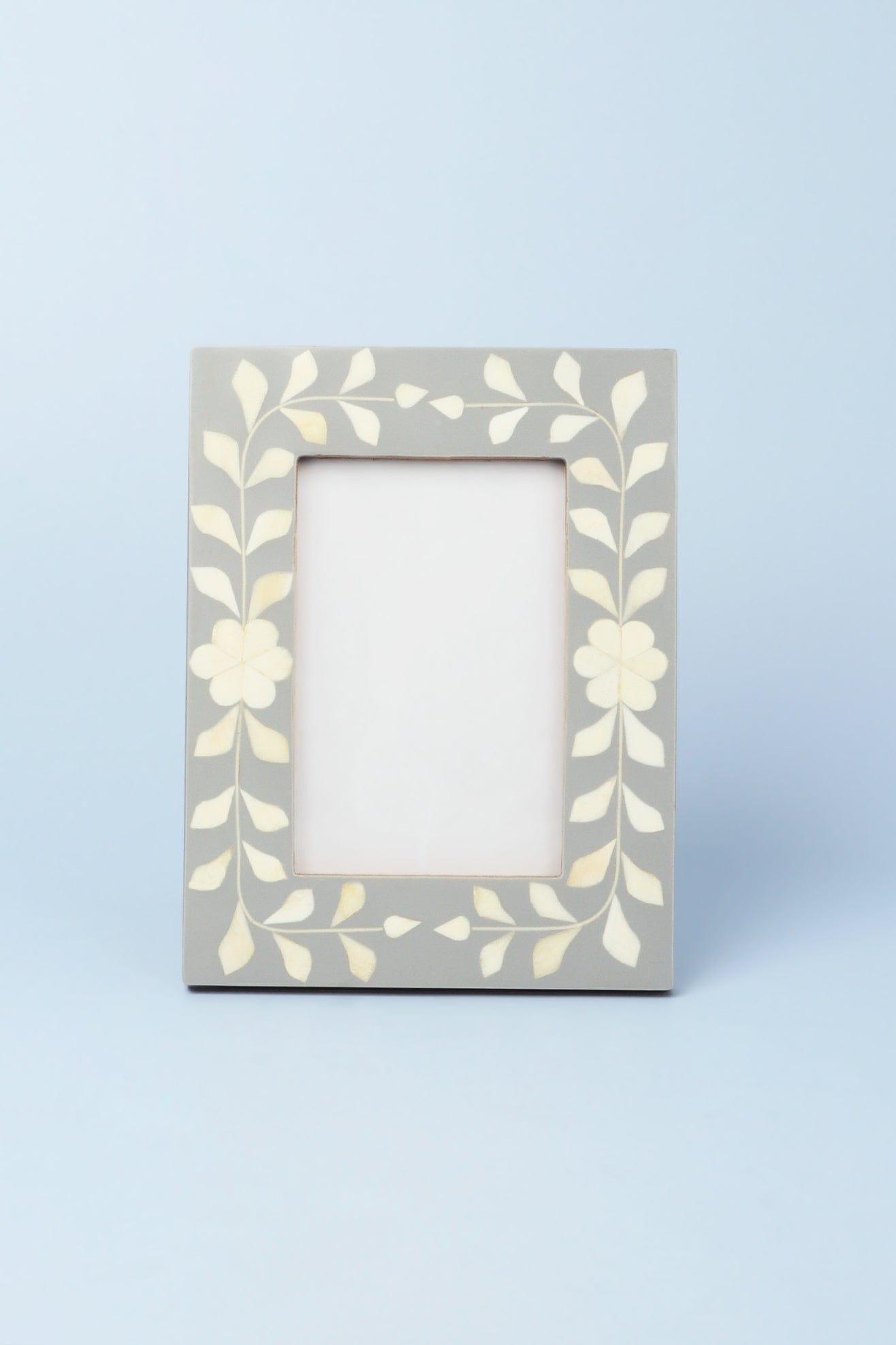 Jolie Handcrafted Grey Floral Bone Inlay Photo Frame Elegant Picture Display - G Decor