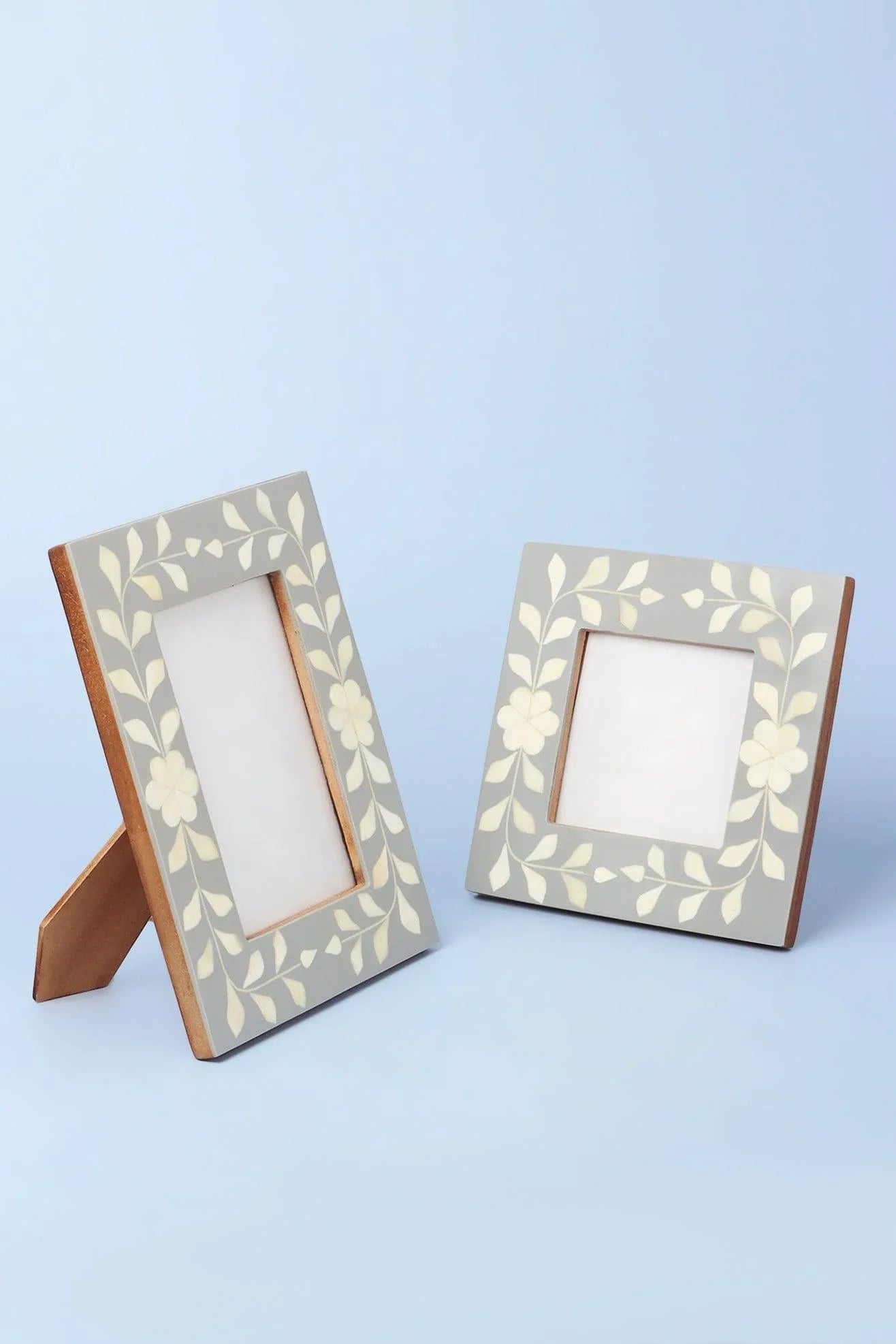 Jolie Bone Inlay Photo Frame in Grey Floral — close-up view, G Decor