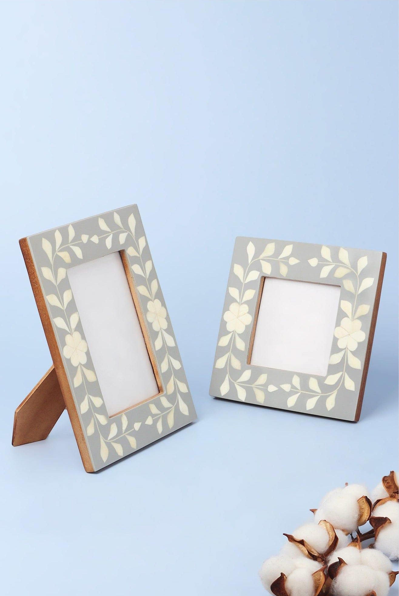 Jolie Handcrafted Grey Floral Bone Inlay Photo Frame Elegant Picture Display - G Decor