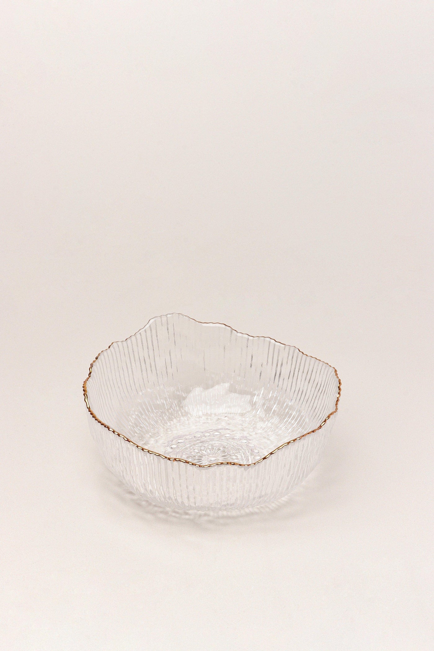 Gdecorstore Bowls Clear Set Of Three Large Calypso Irregular Transparent Clear Pressed Glass Gold Rim Serving Bowls