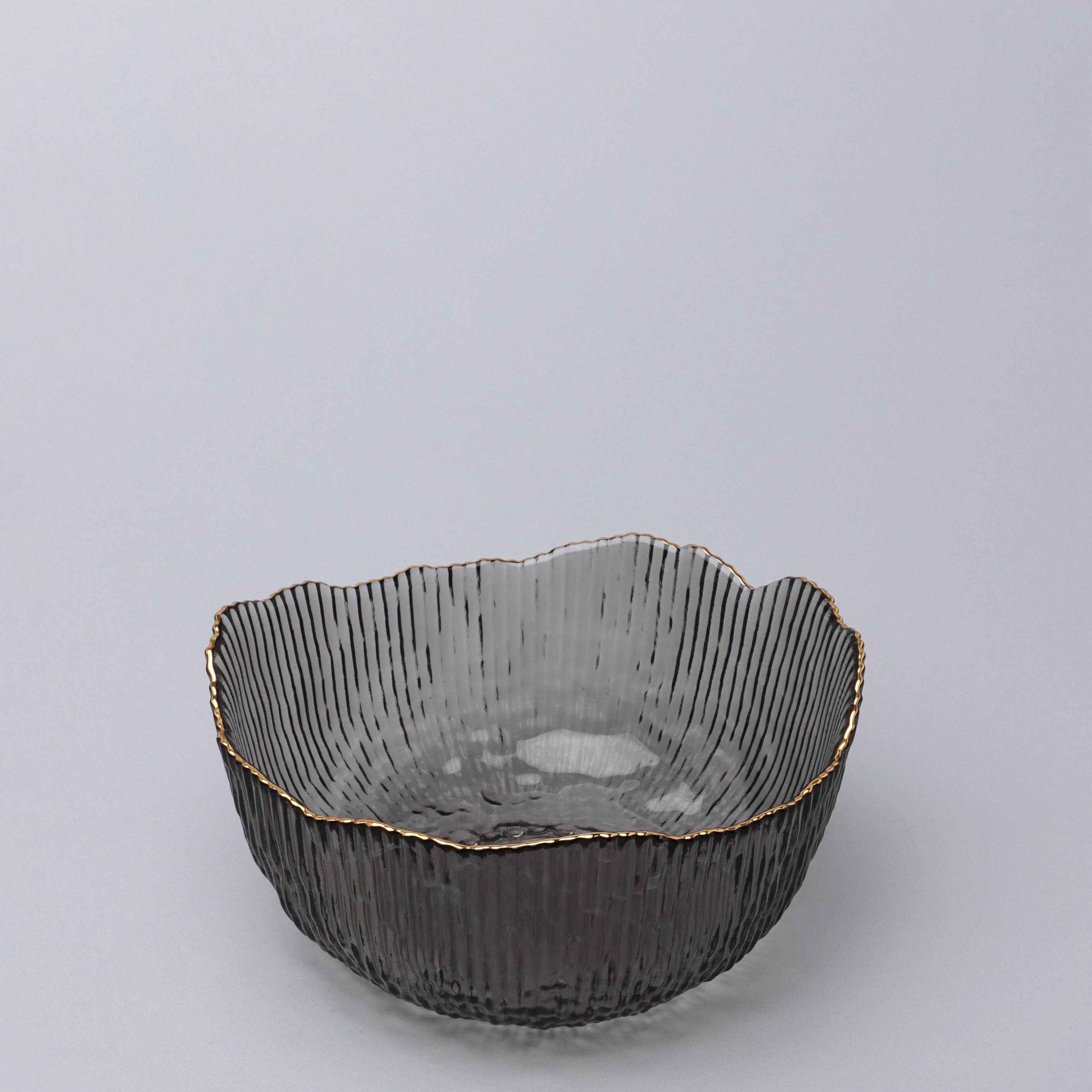 Large Calypso Irregular Transparent Grey Pressed Glass Gold Rim Serving Bowls Table Bowls - G Decor