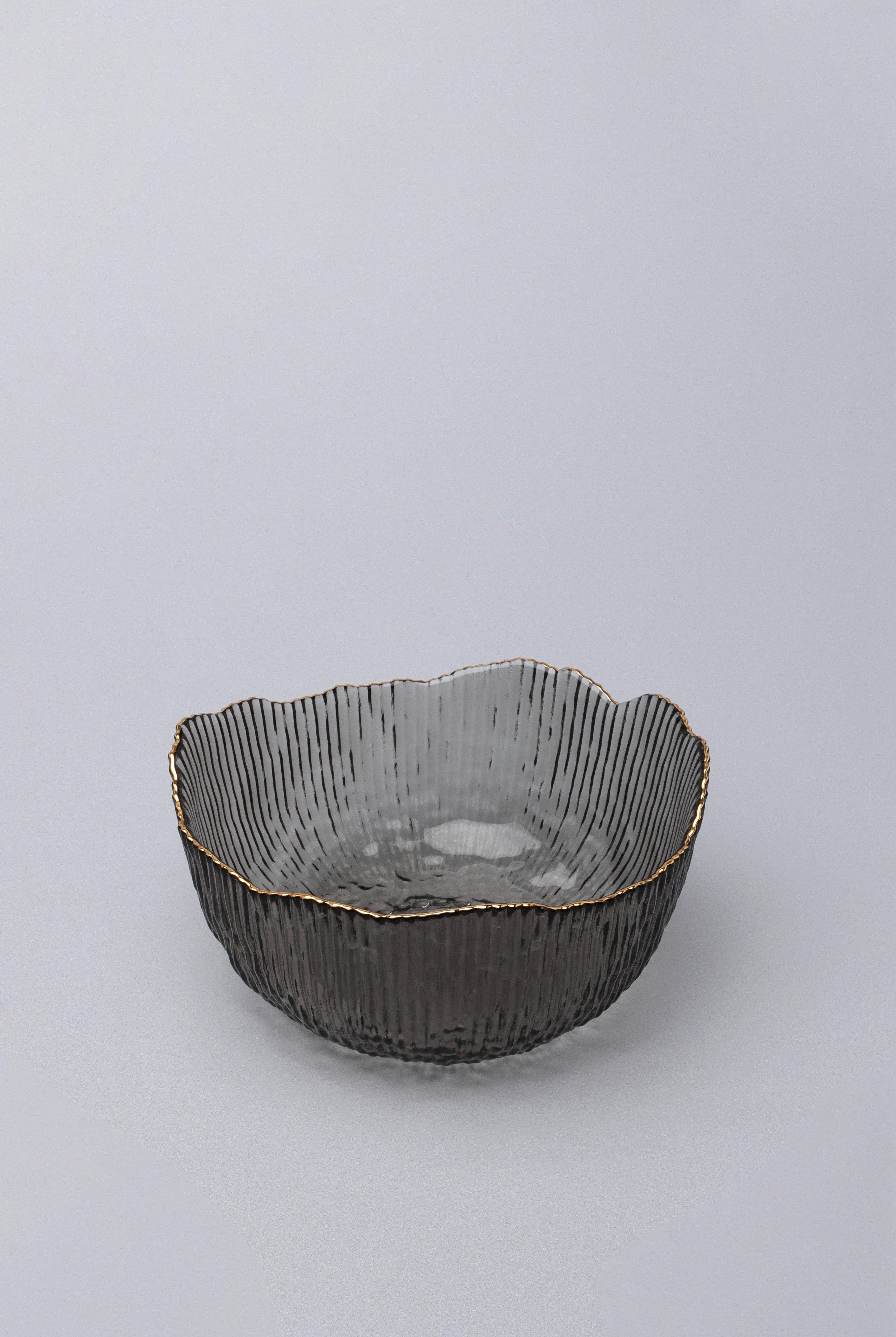 Large Calypso Irregular Transparent Grey Pressed Glass Gold Rim Serving Bowls Table Bowls - G Decor