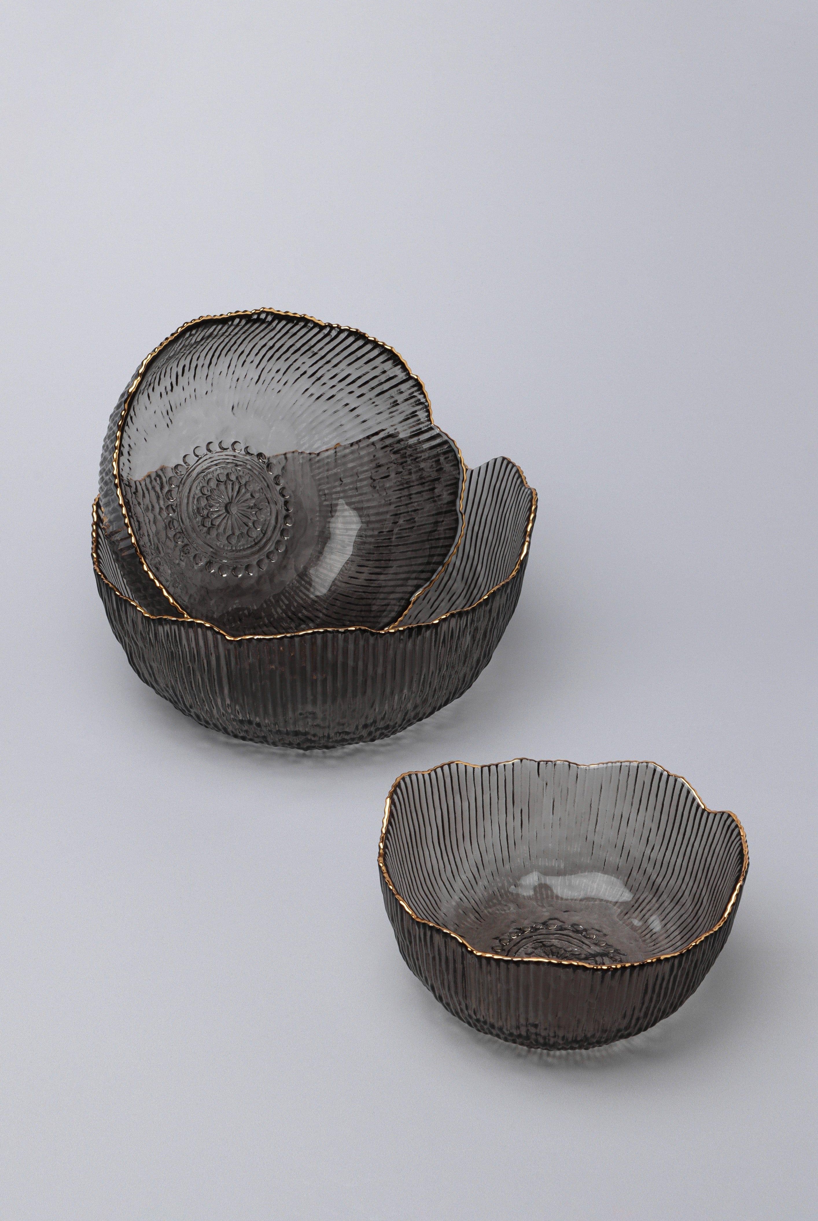 Large Calypso Irregular Transparent Grey Pressed Glass Gold Rim Serving Bowls Table Bowls - G Decor