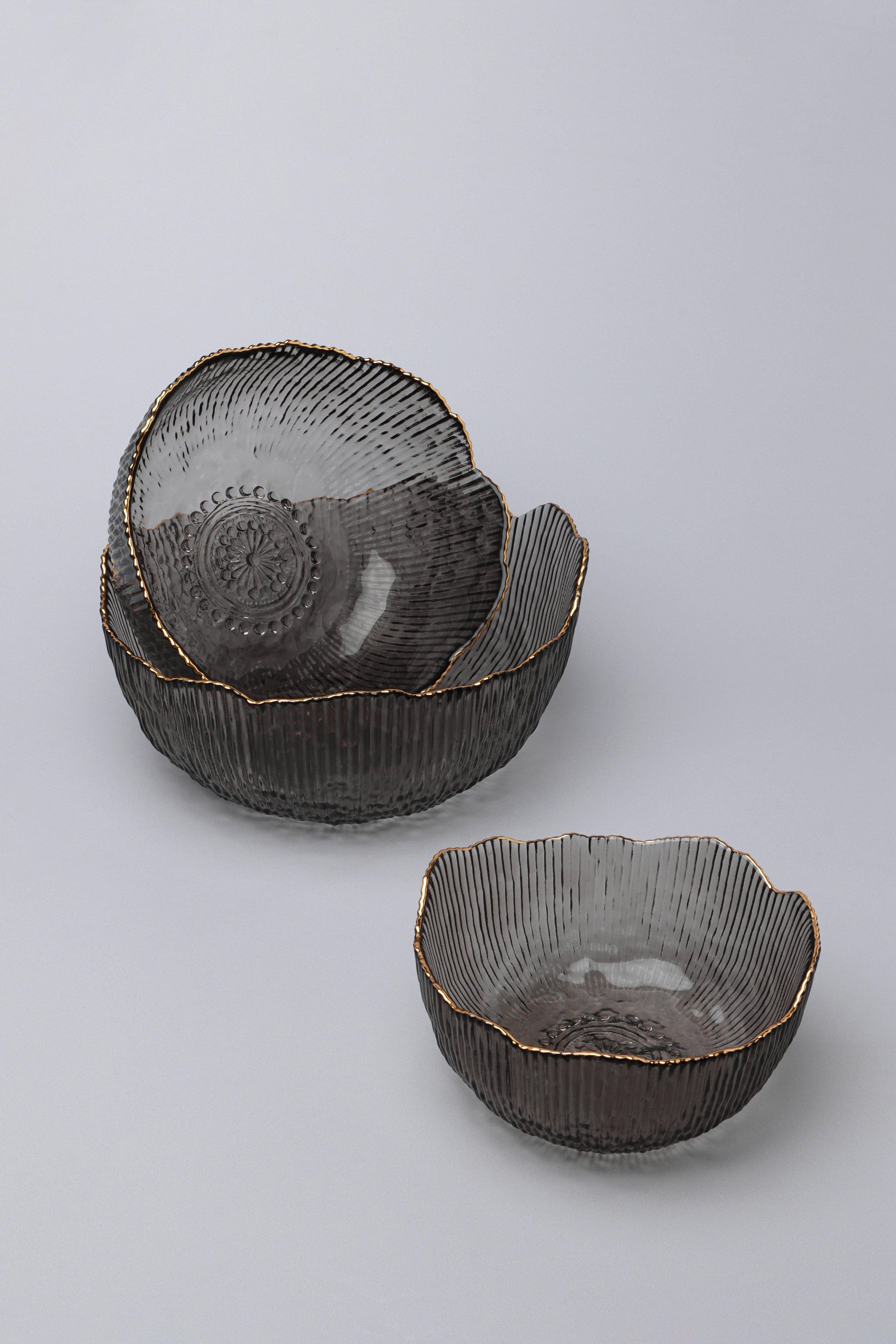 Large Calypso Irregular Transparent Grey Pressed Glass Gold Rim Serving Bowls Table Bowls - G Decor