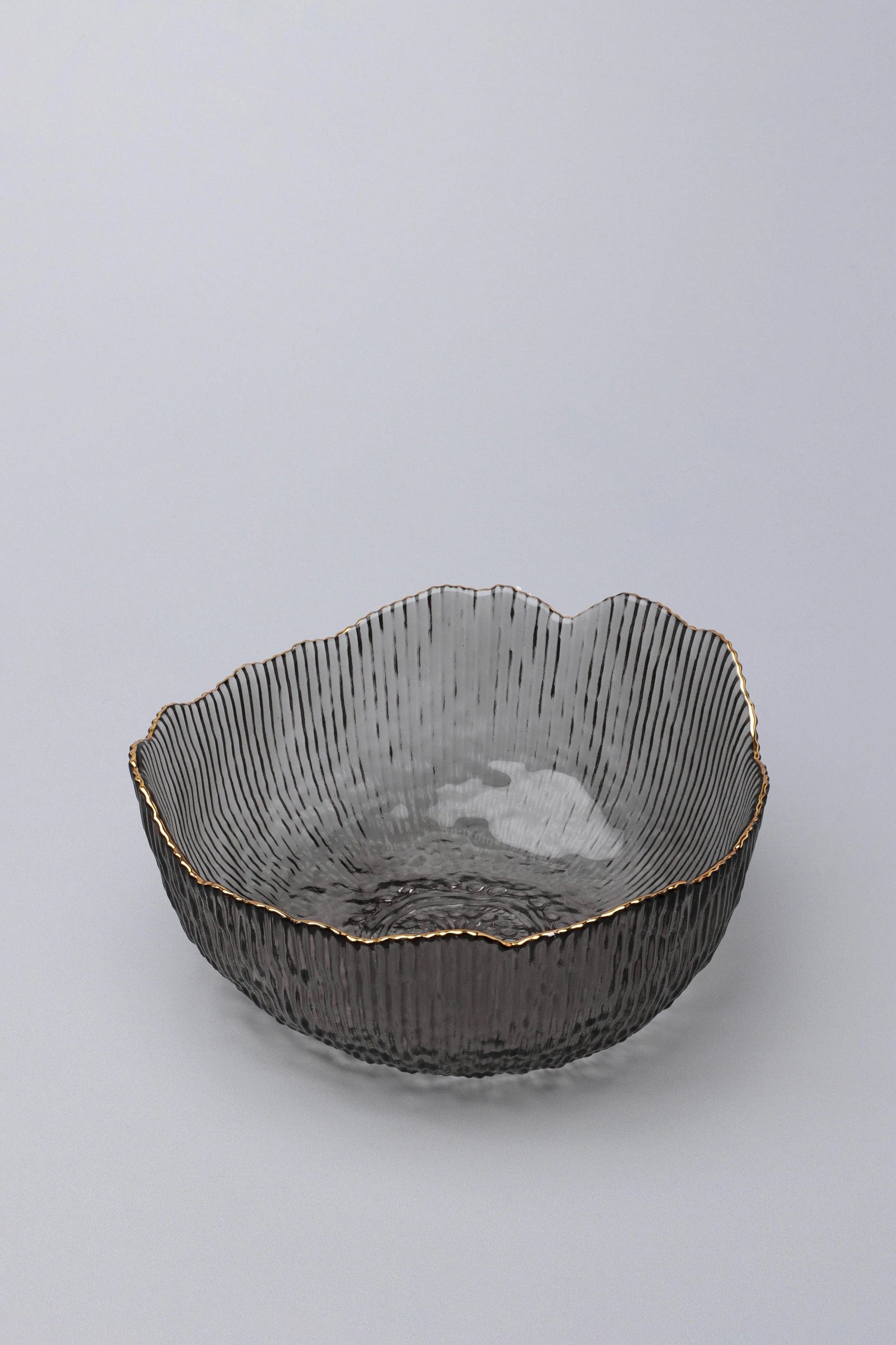Large Calypso Pressed Glass Serving Bowl in Grey with Gold Rim — alternate view, G Decor