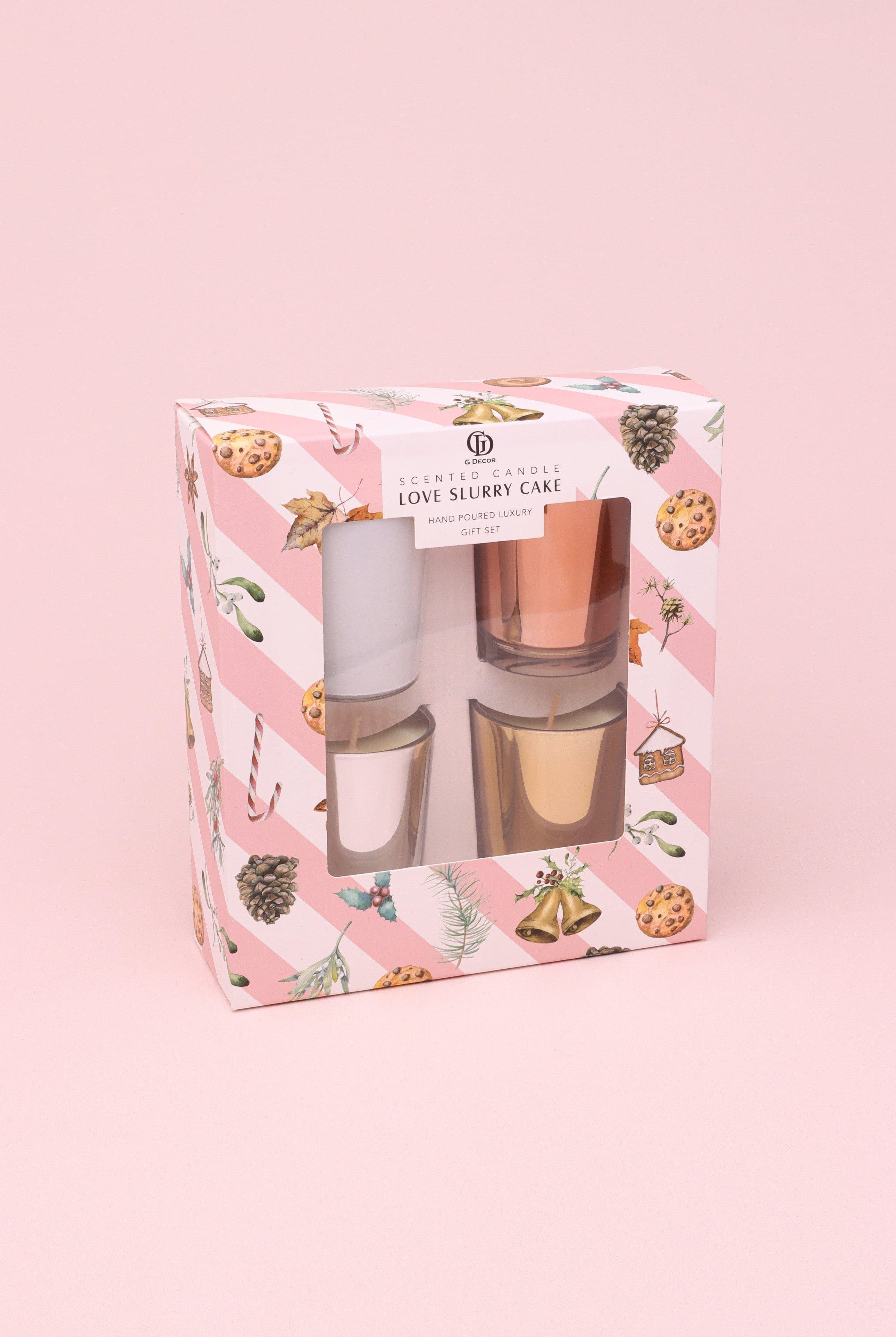 Love Slurry Cake Set of 4 Scented Soy Wax Candles in Gift Box, Almond, Oat & Blossom Fragrances - G Decor