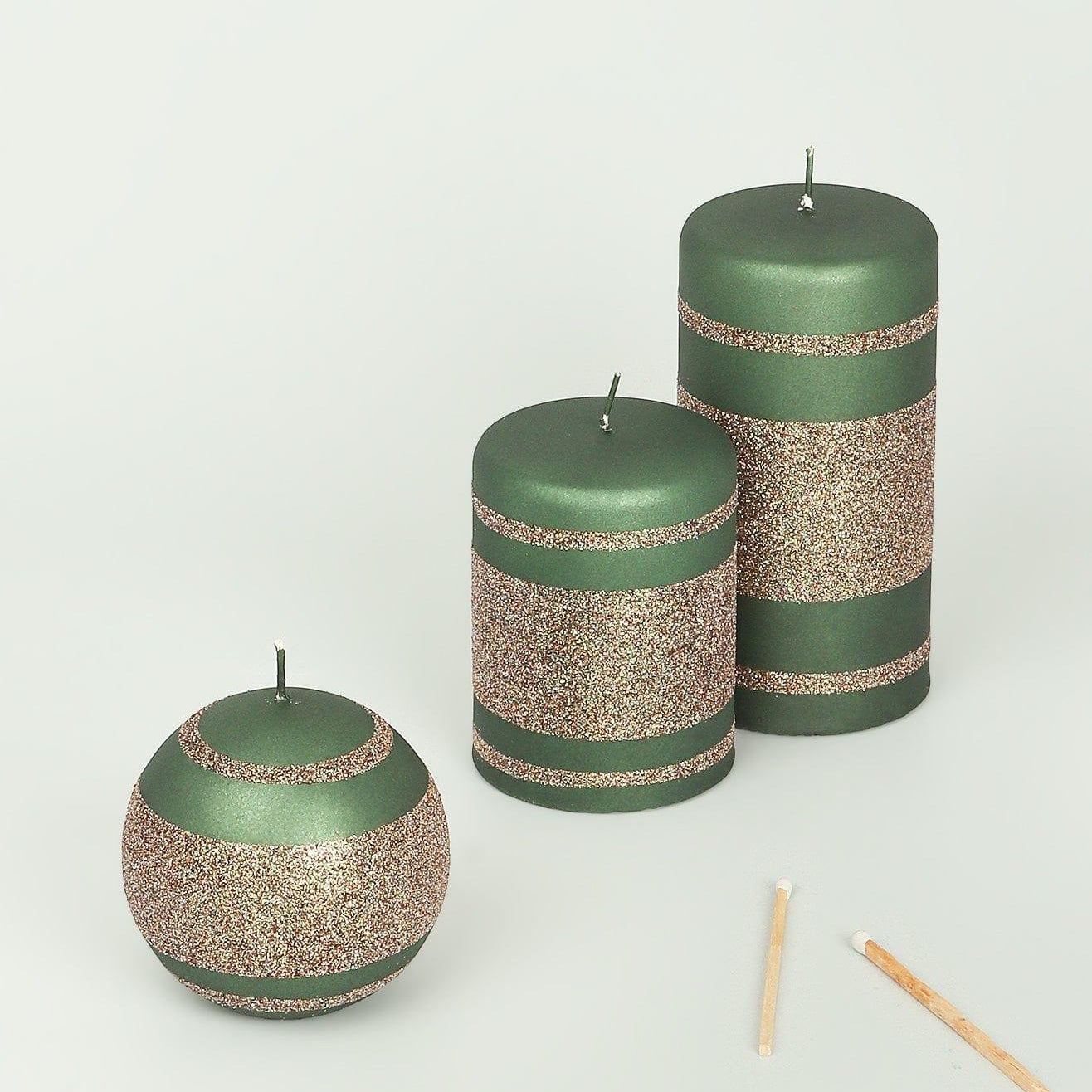 Matte Finish Clarae Limited Edition Hand-Finished Green & Gold Stripe Glitter Pillar & Ball Candles - G Decor