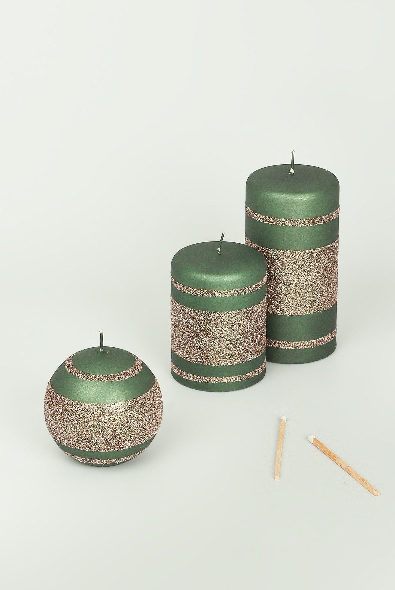Matte Finish Clarae Limited Edition Hand-Finished Green & Gold Stripe Glitter Pillar & Ball Candles - G Decor