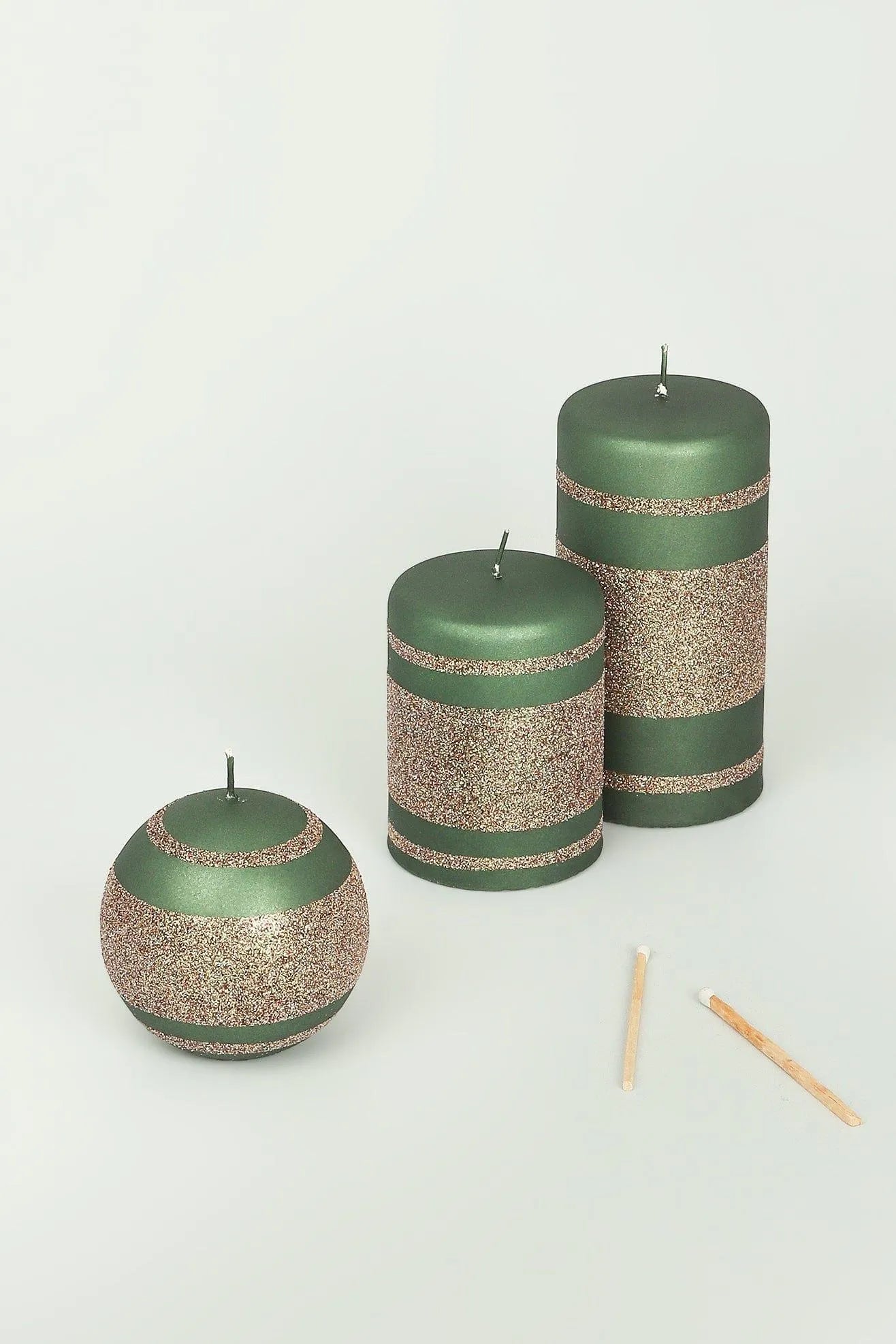 Matte Finish Clarae Limited Edition Hand-Finished Green & Gold Stripe Glitter Pillar & Ball Candles - G Decor