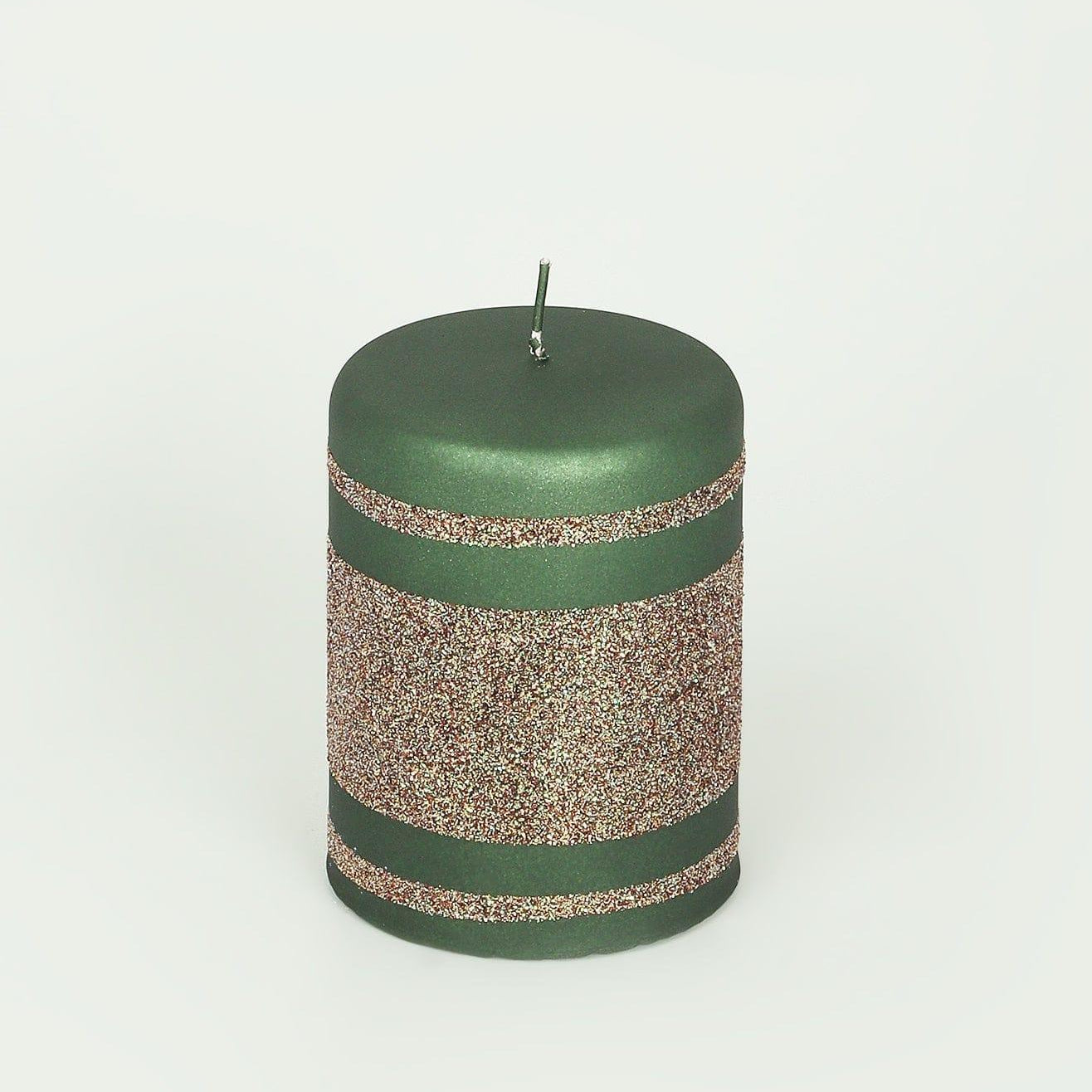 Matte Finish Clarae Limited Edition Hand-Finished Green & Gold Stripe Glitter Pillar & Ball Candles - G Decor