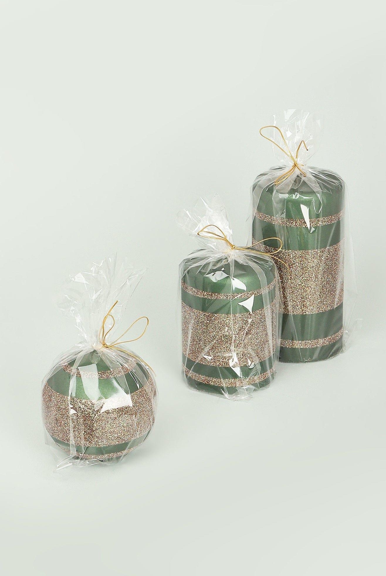Matte Finish Clarae Limited Edition Hand-Finished Green & Gold Stripe Glitter Pillar & Ball Candles - G Decor