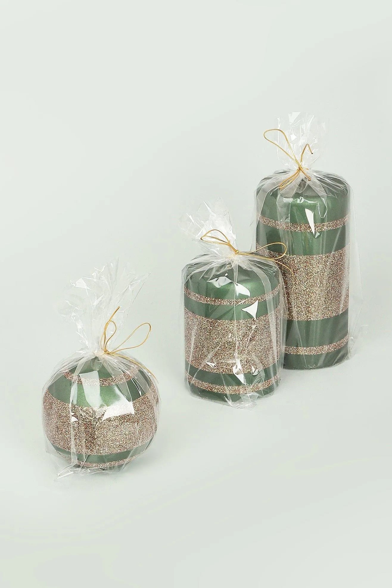 Matte Finish Clarae Limited Edition Hand-Finished Green & Gold Stripe Glitter Pillar & Ball Candles - G Decor