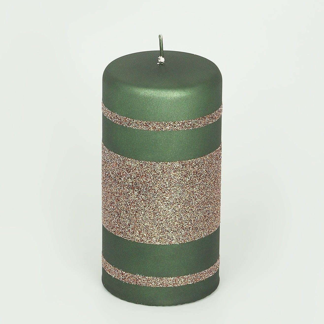 Matte Finish Clarae Limited Edition Hand-Finished Green & Gold Stripe Glitter Pillar & Ball Candles - G Decor