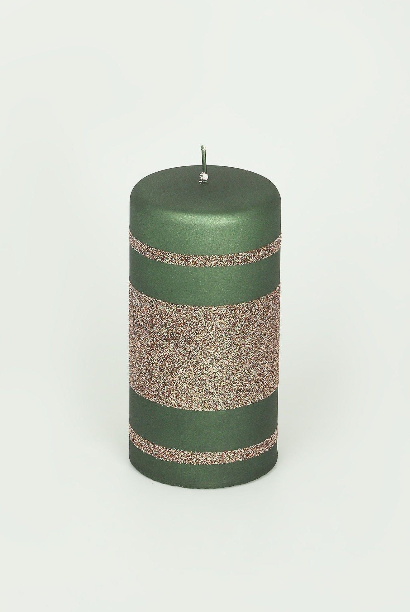 Matte Finish Clarae Limited Edition Hand-Finished Green & Gold Stripe Glitter Pillar & Ball Candles - G Decor