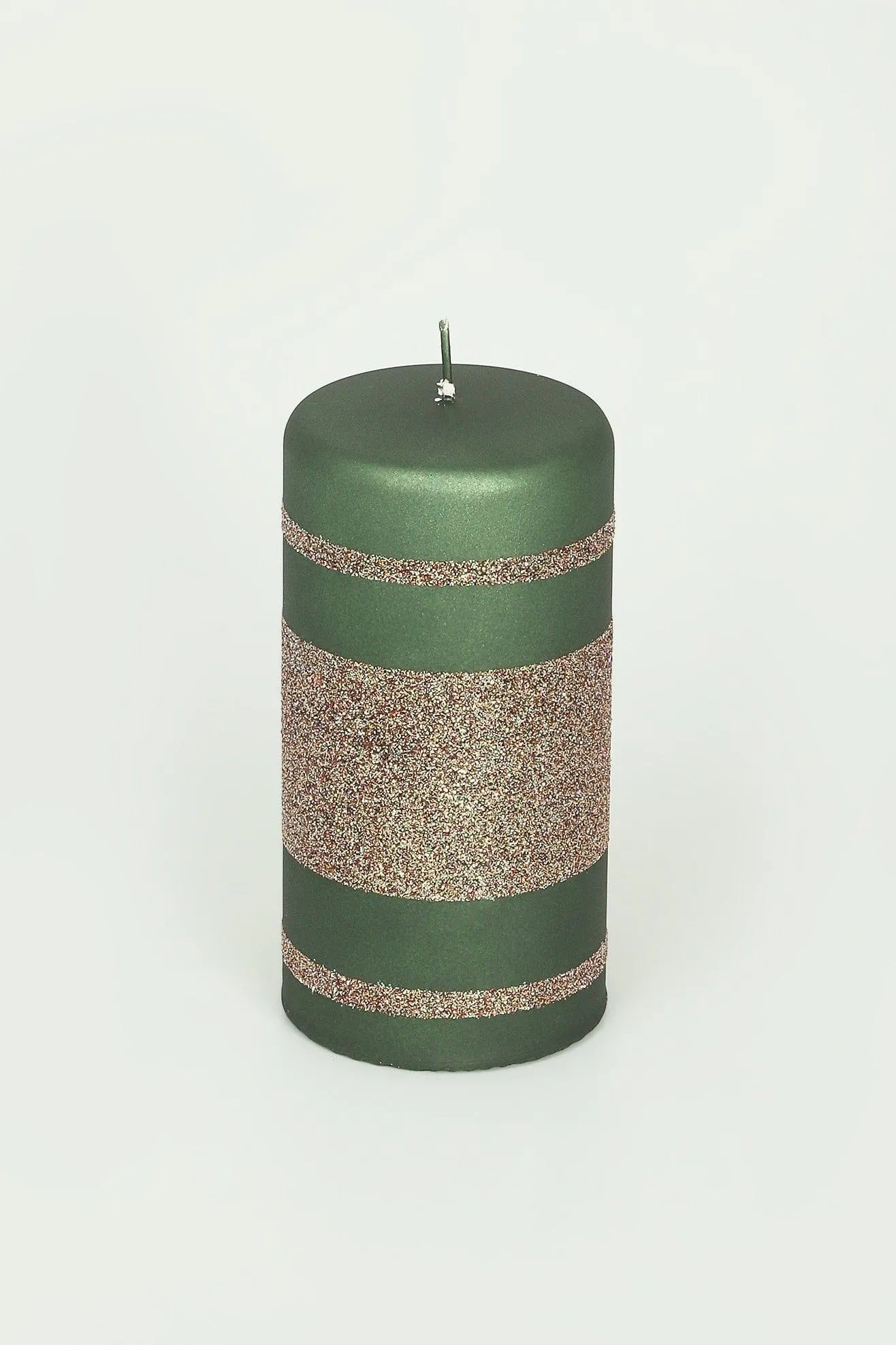 Matte Finish Clarae Limited Edition Hand-Finished Green & Gold Stripe Glitter Pillar & Ball Candles - G Decor