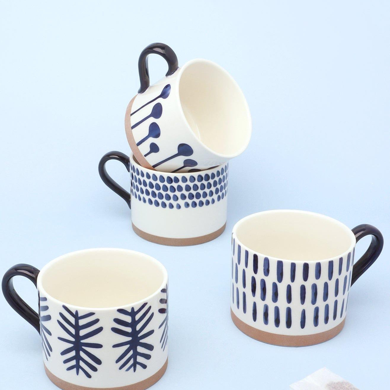 Milo Set of 4 Handcrafted Ceramic Mugs Large Cups with Blue Brushstroke Design - G Decor