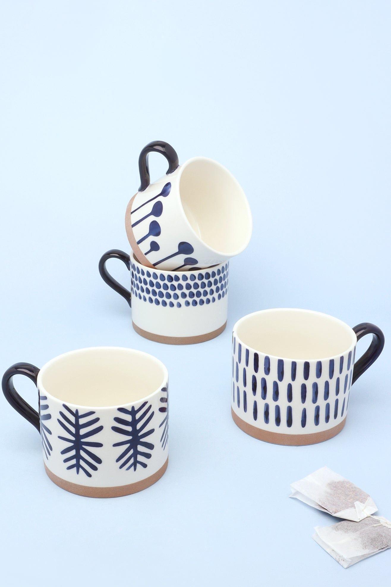 Milo Set of 4 Handcrafted Ceramic Mugs Large Cups with Blue Brushstroke Design - G Decor