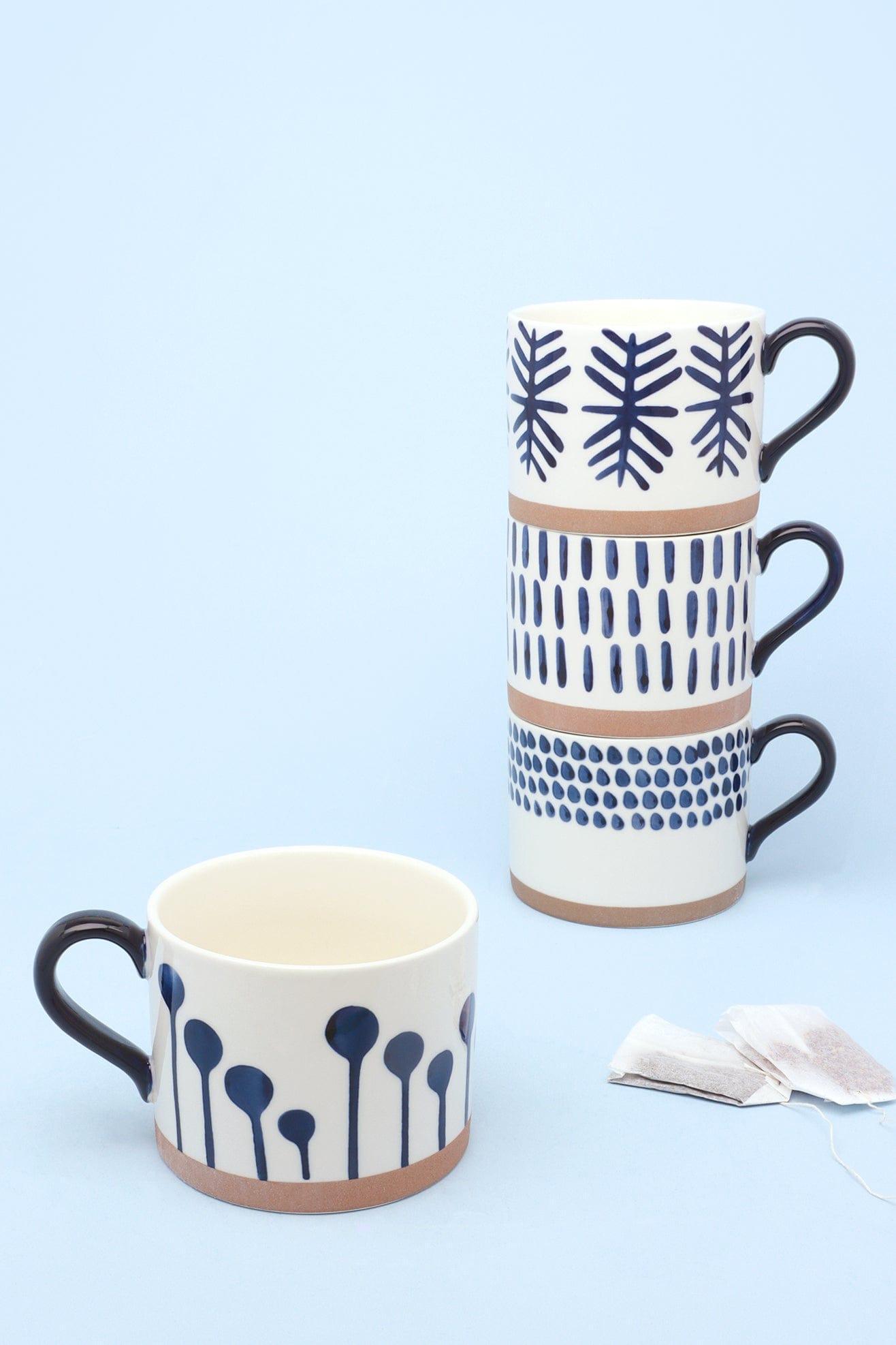 Milo Set of 4 Handcrafted Ceramic Mugs Large Cups with Blue Brushstroke Design - G Decor