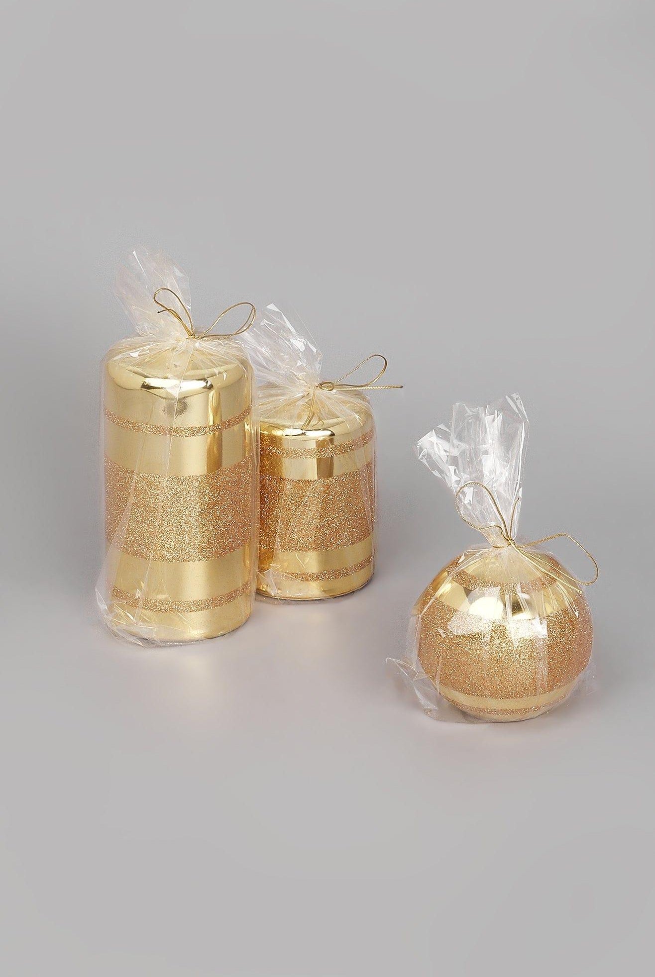 Mirror Glass Effect Clarae Limited Edition Hand-Finished Gold Stripe Glitter Pillar & Ball Candles - G Decor