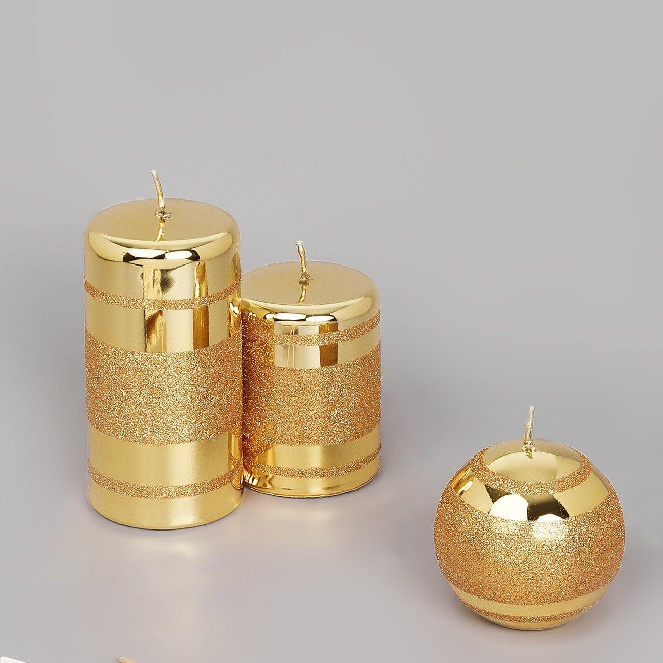 Mirror Glass Effect Clarae Limited Edition Hand-Finished Gold Stripe Glitter Pillar & Ball Candles - G Decor