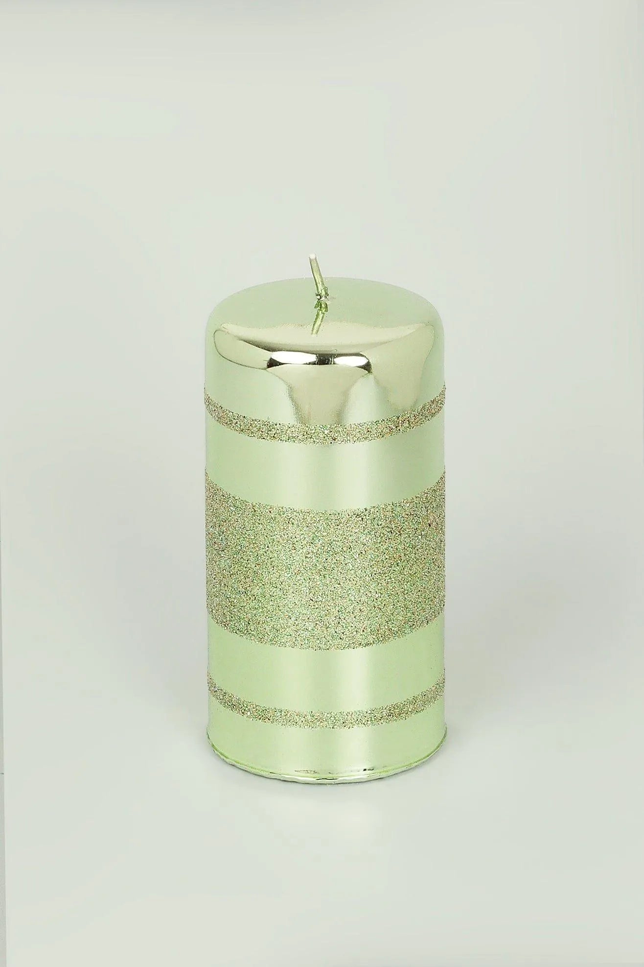 Clarae Pillar and Ball Candles, Light Green Stripe — lifestyle view, G Decor