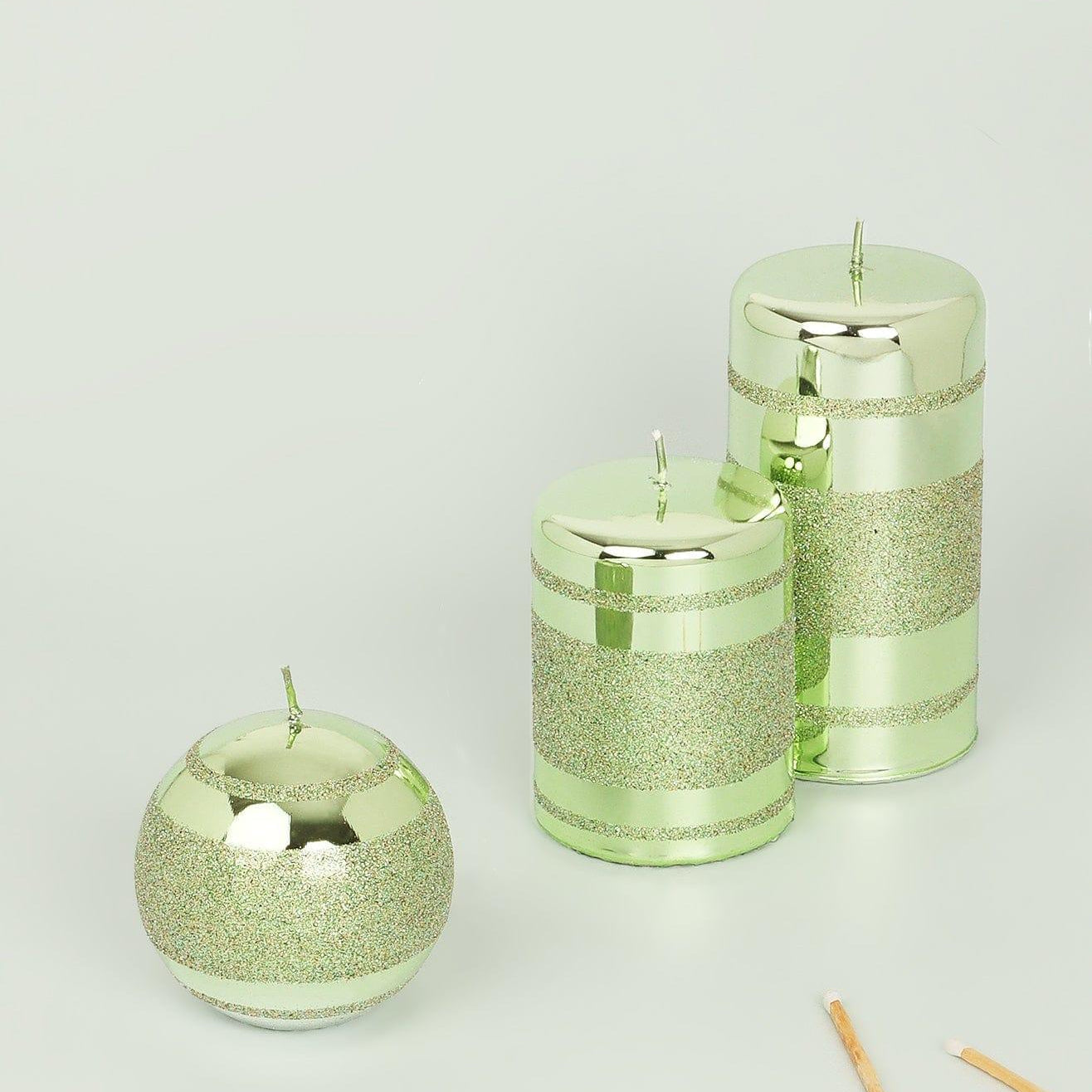 Mirror Glass Effect Clarae Limited Edition Hand-Finished Light Green Stripe Glitter Pillar & Ball Candles - G Decor