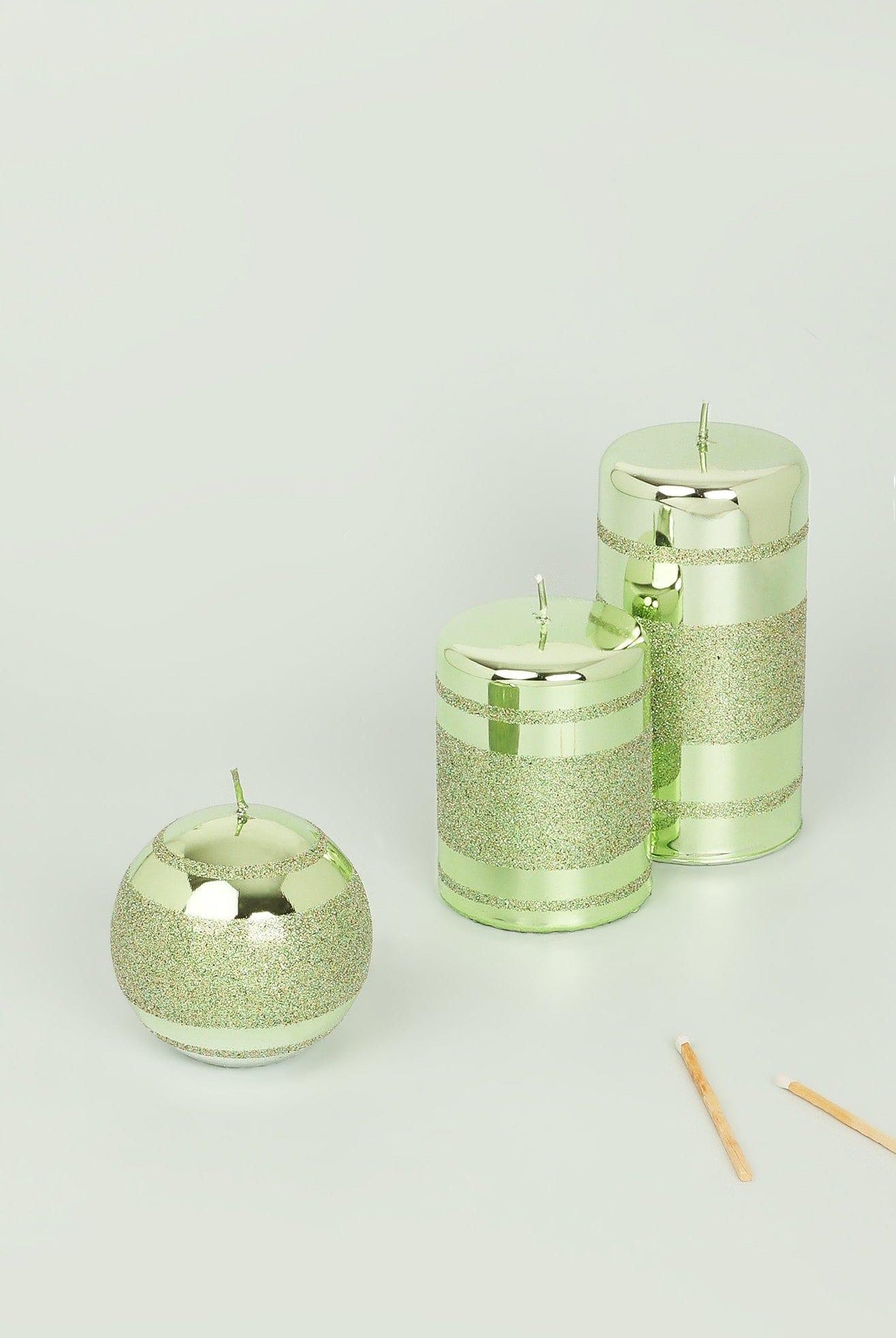 Mirror Glass Effect Clarae Limited Edition Hand-Finished Light Green Stripe Glitter Pillar & Ball Candles - G Decor