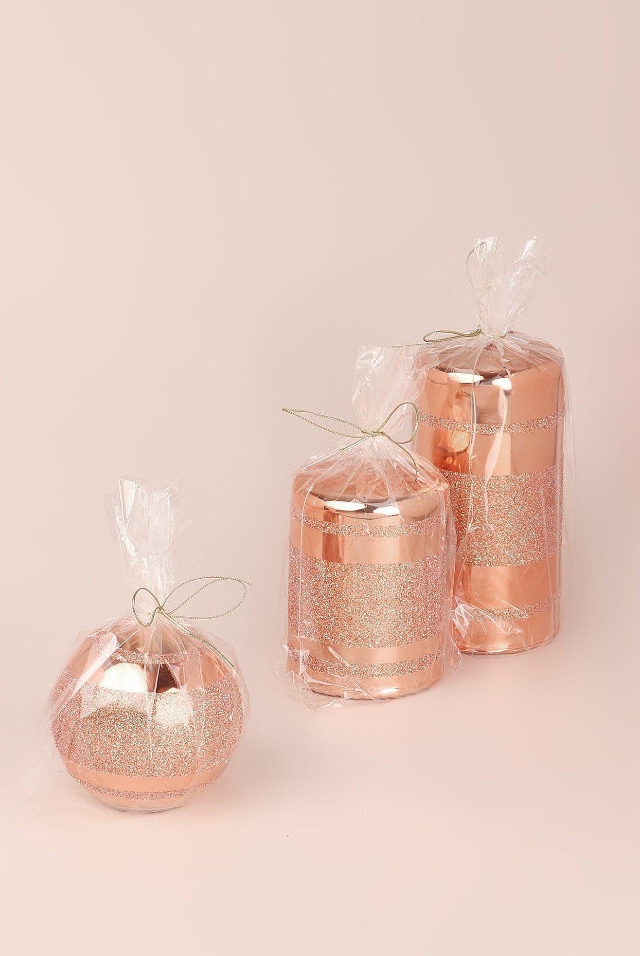 Mirror Glass Effect Clarae Limited Edition Hand-Finished Rose Gold Stripe Glitter Pillar & Ball Candles - G Decor