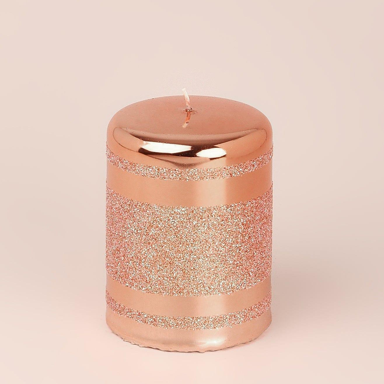 Mirror Glass Effect Clarae Limited Edition Hand-Finished Rose Gold Stripe Glitter Pillar & Ball Candles - G Decor