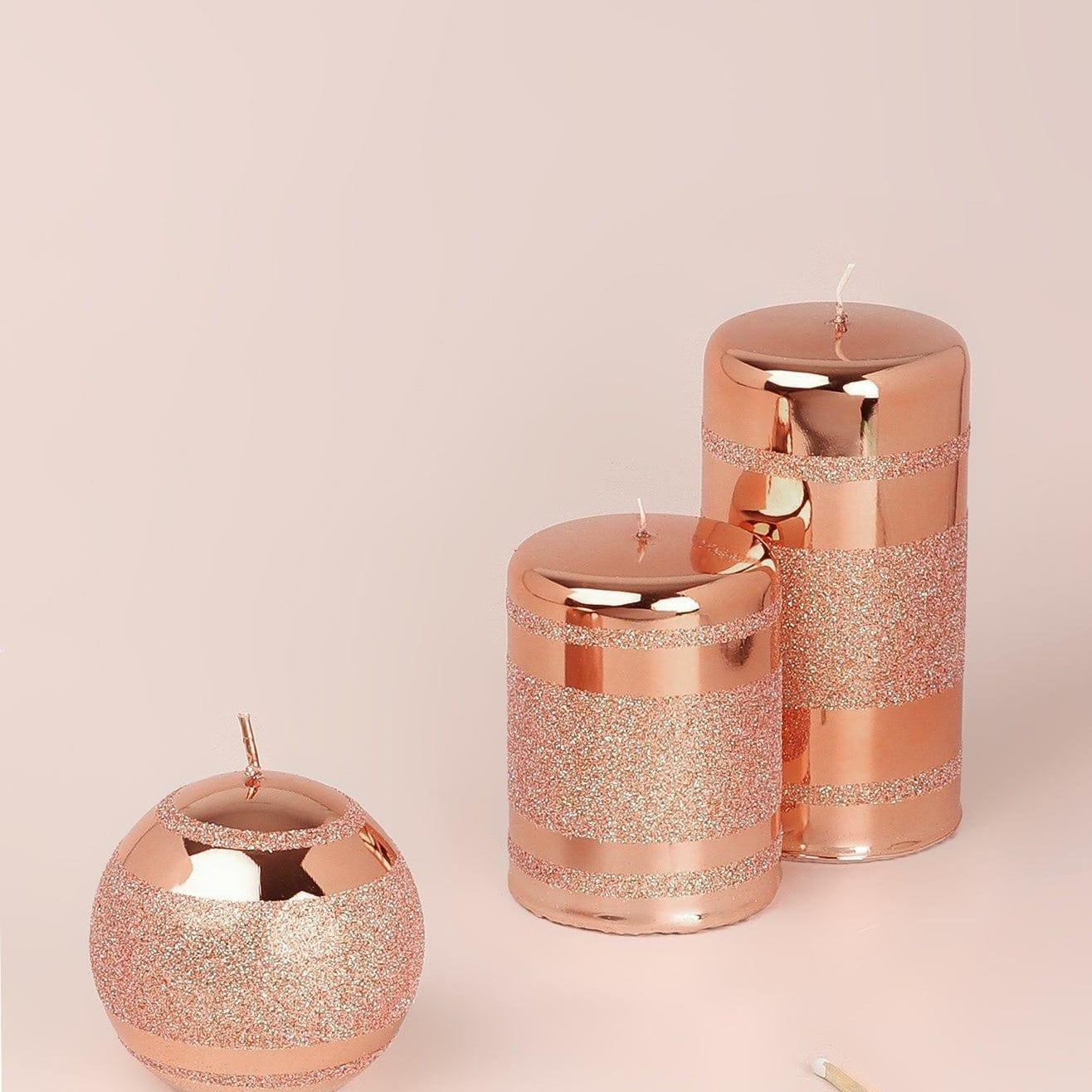 Mirror Glass Effect Clarae Limited Edition Hand-Finished Rose Gold Stripe Glitter Pillar & Ball Candles - G Decor