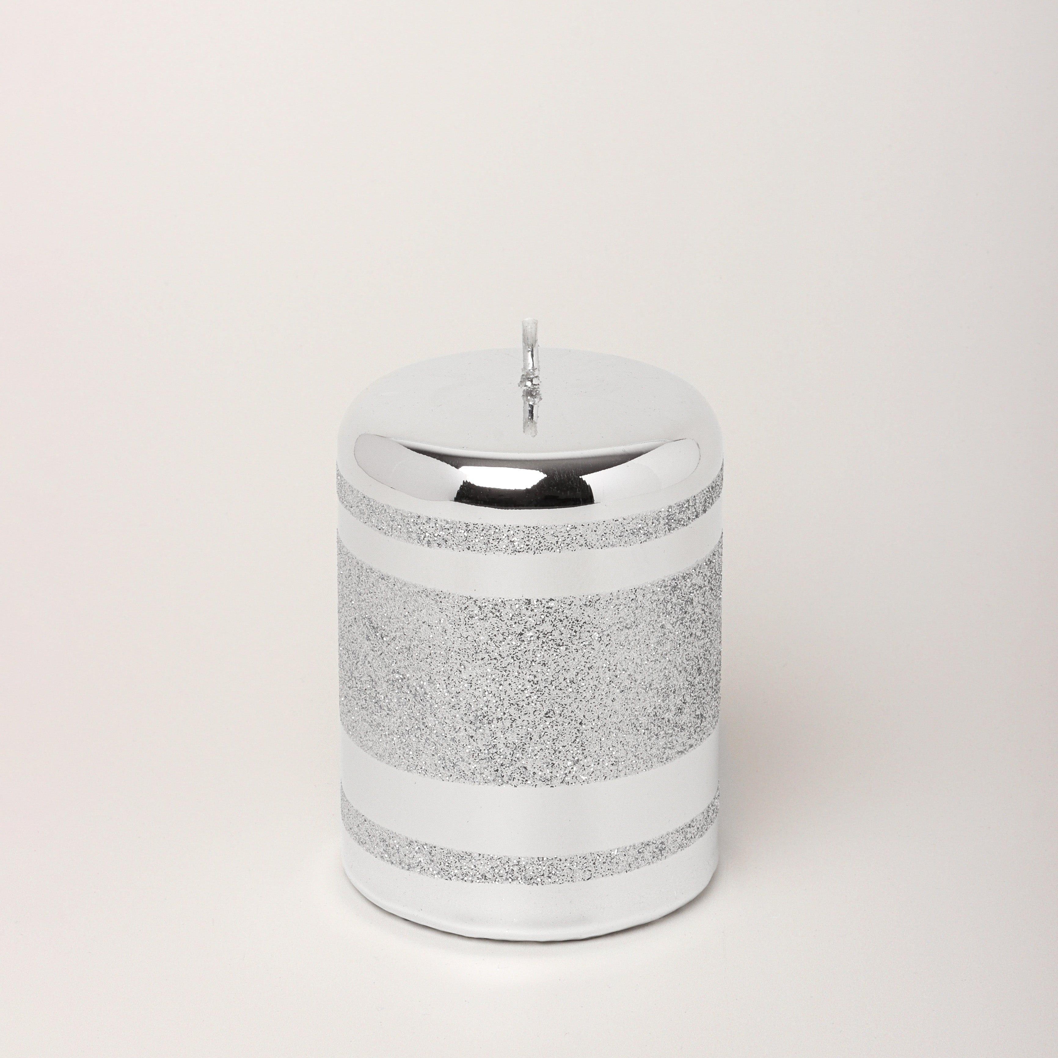 Mirror Glass Effect Clarae Limited Edition Hand-Finished Silver Stripe Glitter Pillar & Ball Candles - G Decor