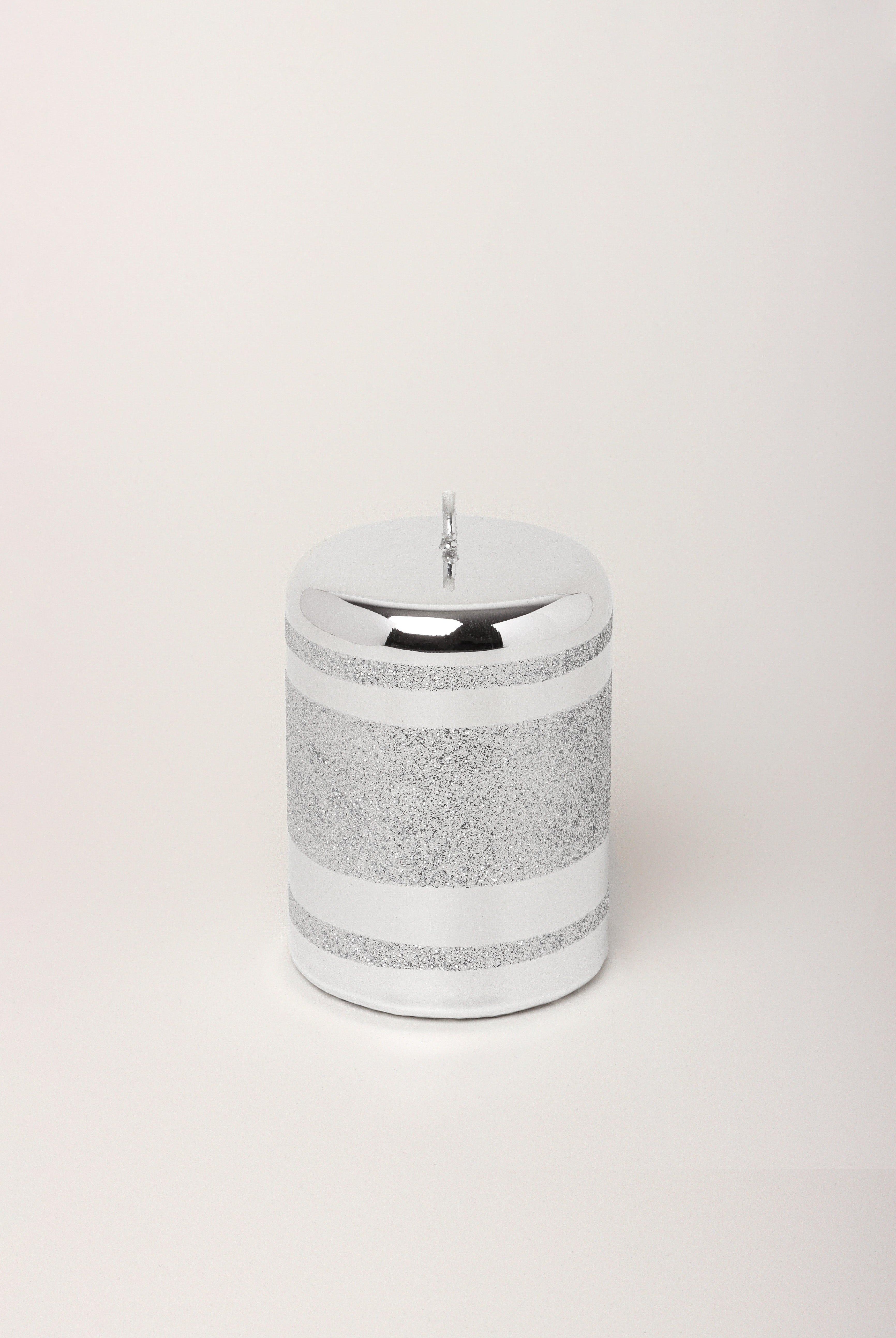 Mirror Glass Effect Clarae Limited Edition Hand-Finished Silver Stripe Glitter Pillar & Ball Candles - G Decor