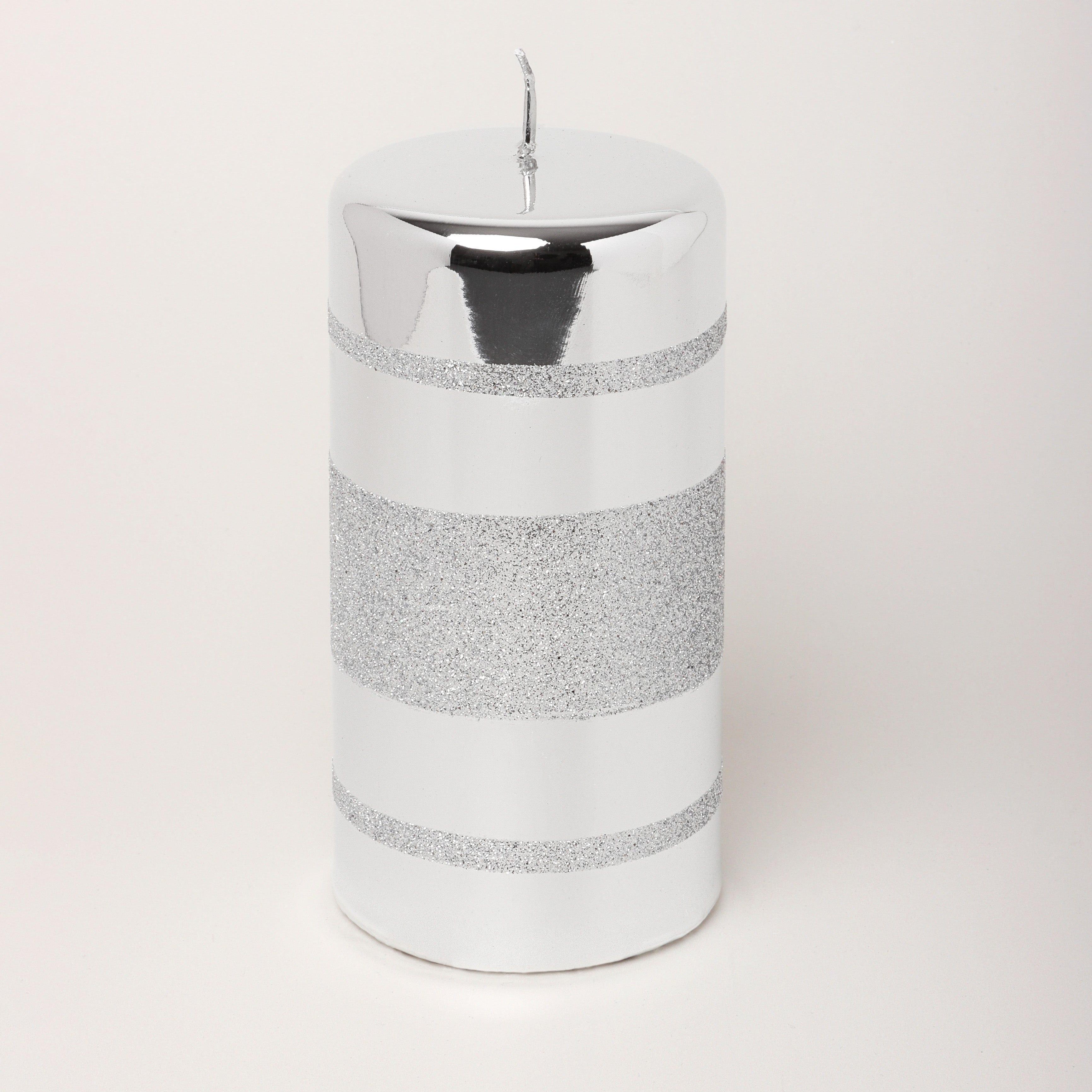 Mirror Glass Effect Clarae Limited Edition Hand-Finished Silver Stripe Glitter Pillar & Ball Candles - G Decor