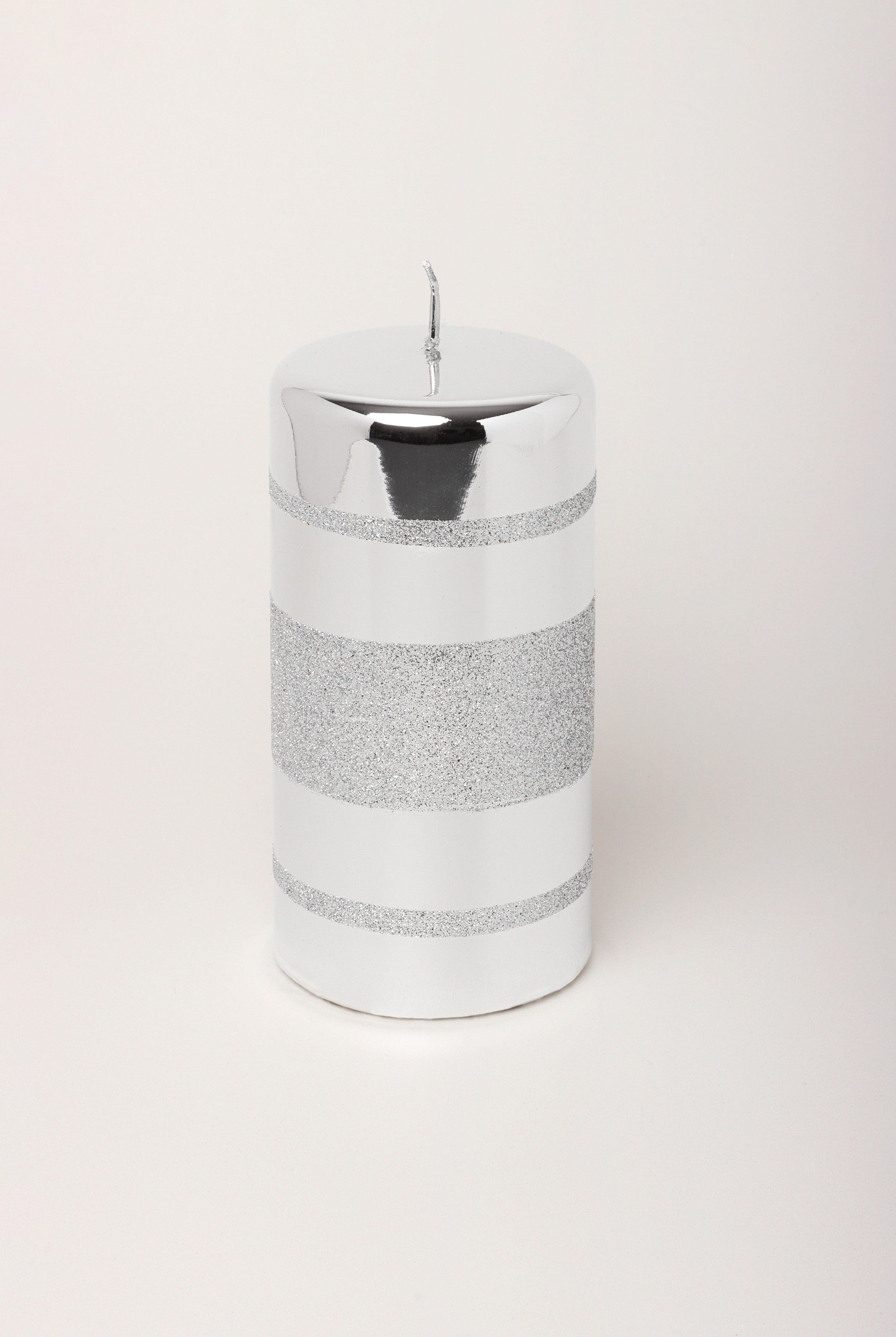 Mirror Glass Effect Clarae Limited Edition Hand-Finished Silver Stripe Glitter Pillar & Ball Candles - G Decor