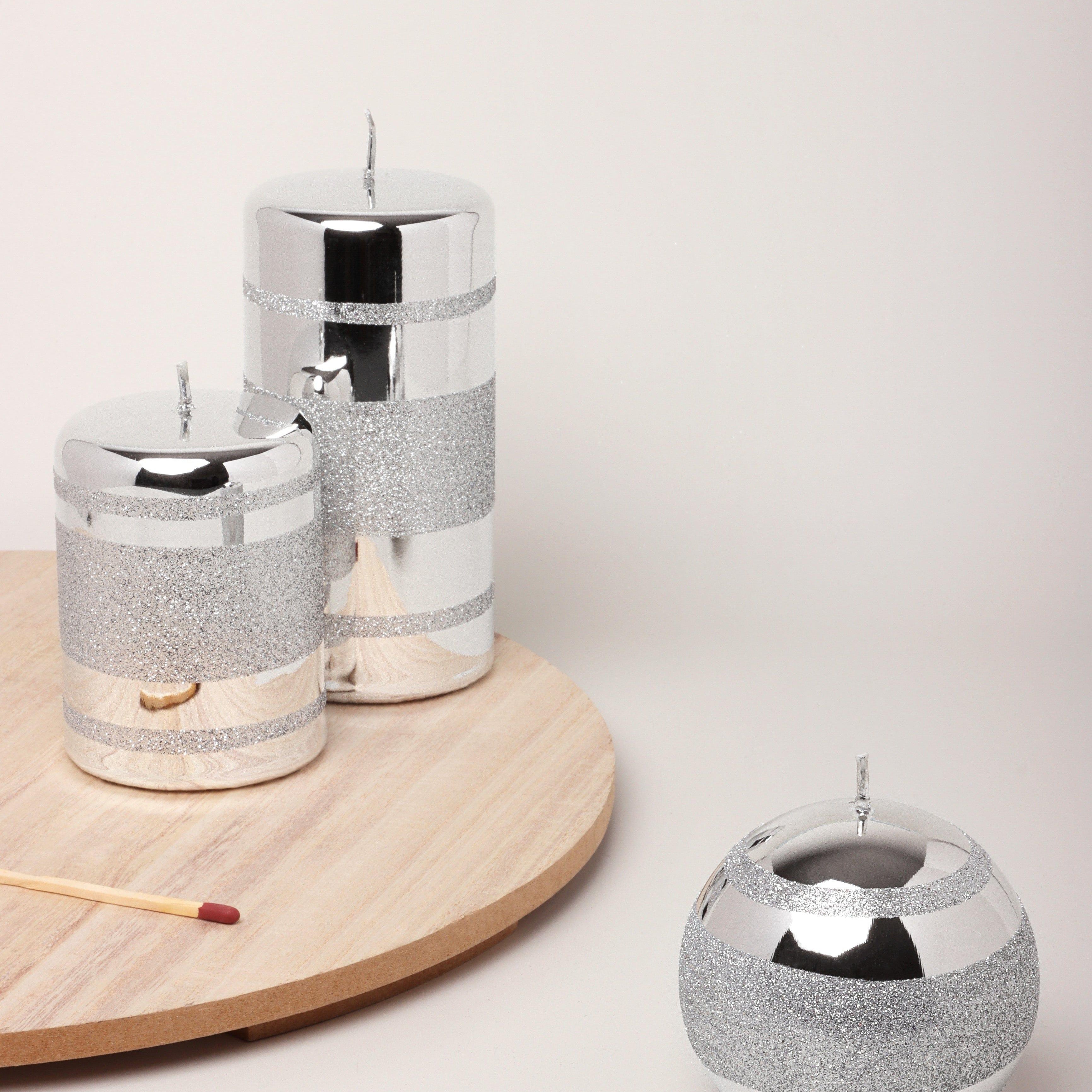 Mirror Glass Effect Clarae Limited Edition Hand-Finished Silver Stripe Glitter Pillar & Ball Candles - G Decor