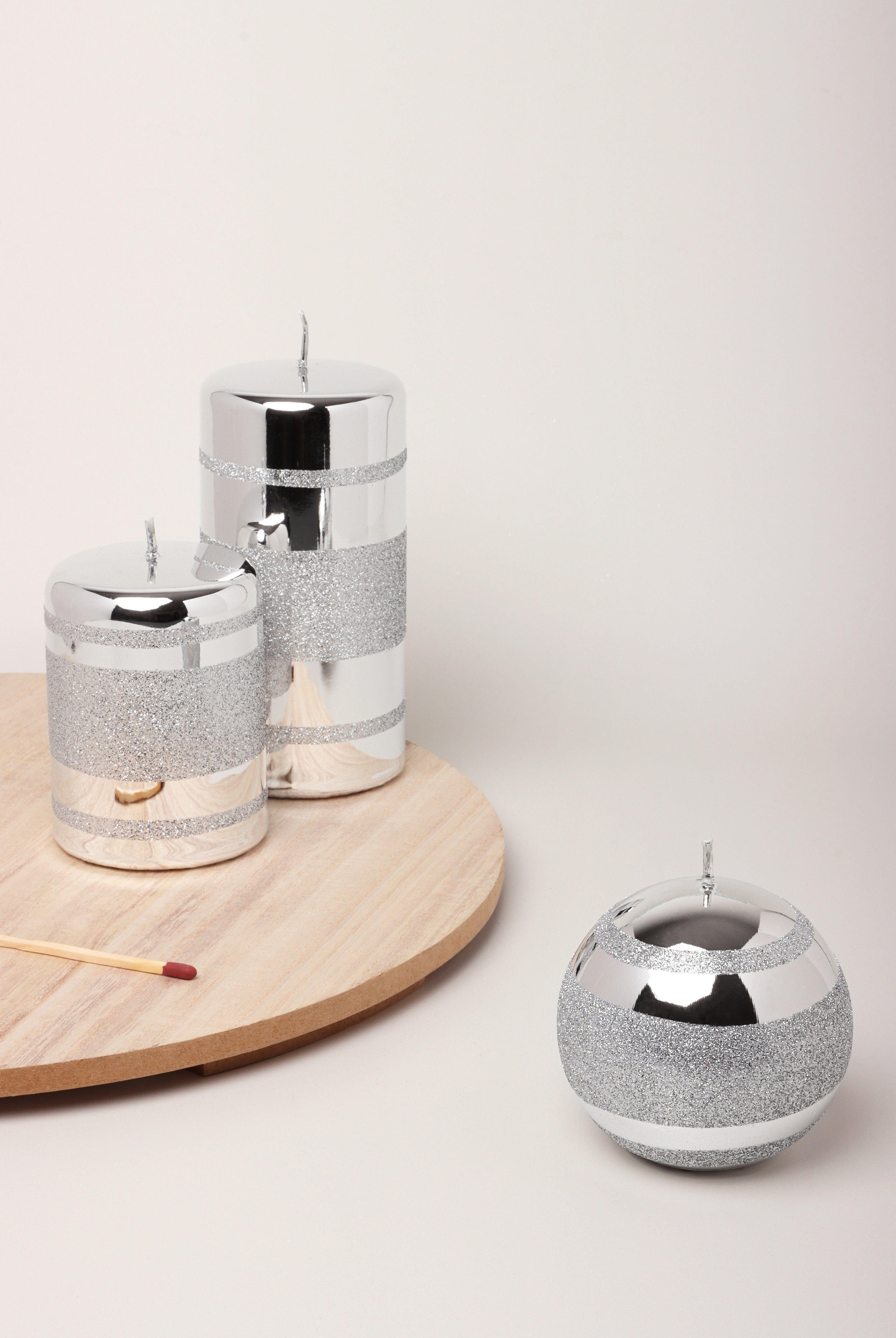 Mirror Glass Effect Clarae Limited Edition Hand-Finished Silver Stripe Glitter Pillar & Ball Candles - G Decor